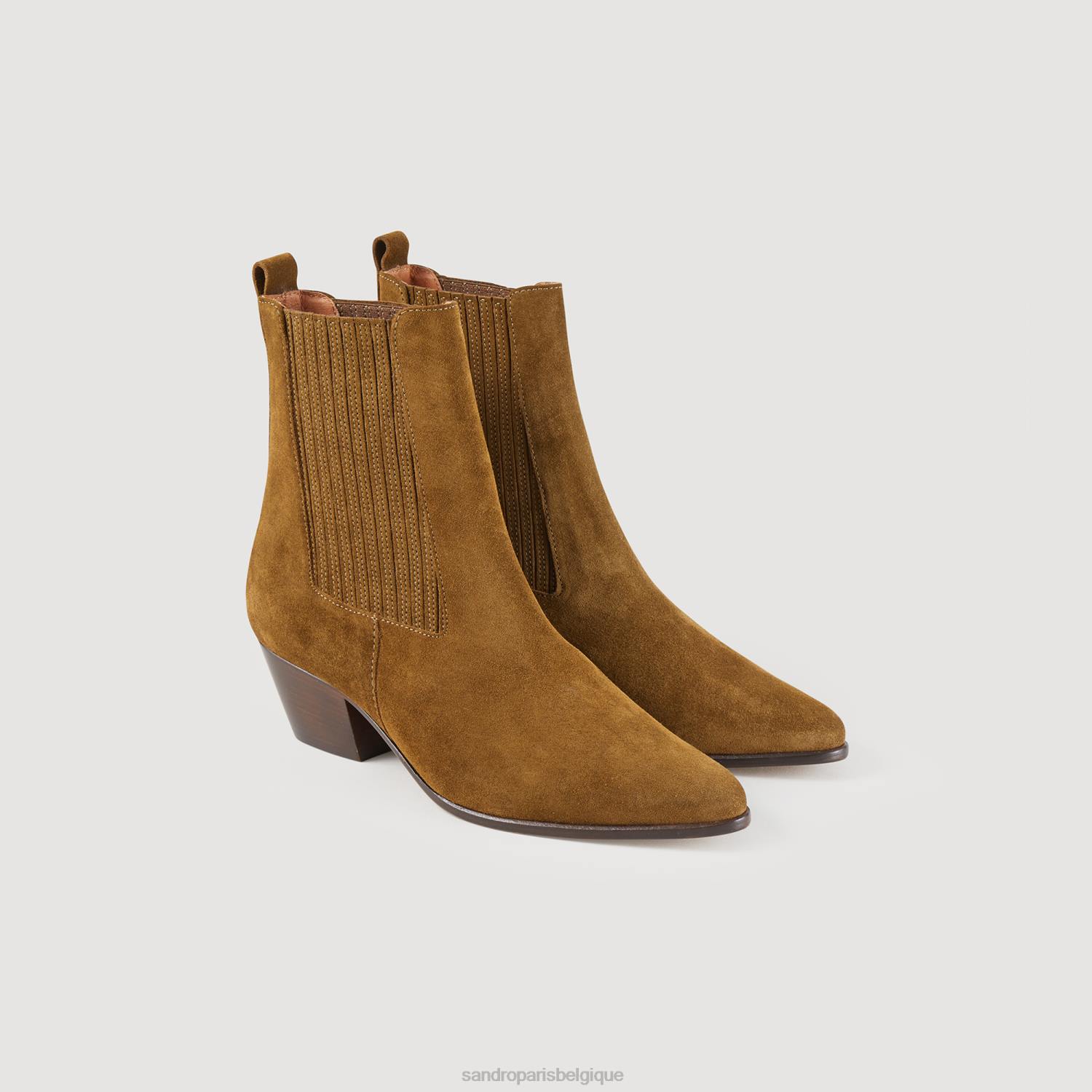 chaussure Sandro Paris bottines en cuir avec élastique olive verte femmes XLXD479