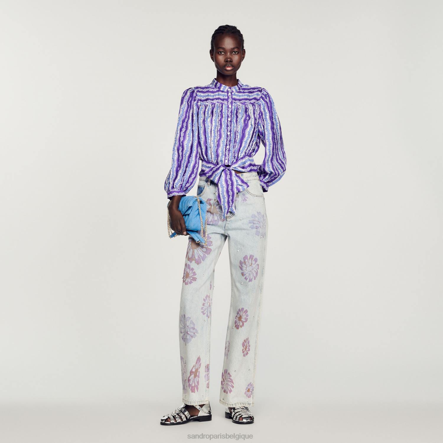 vêtements Sandro Paris chemise courte en soie à imprimé floral violet/bleu femmes XLXD431