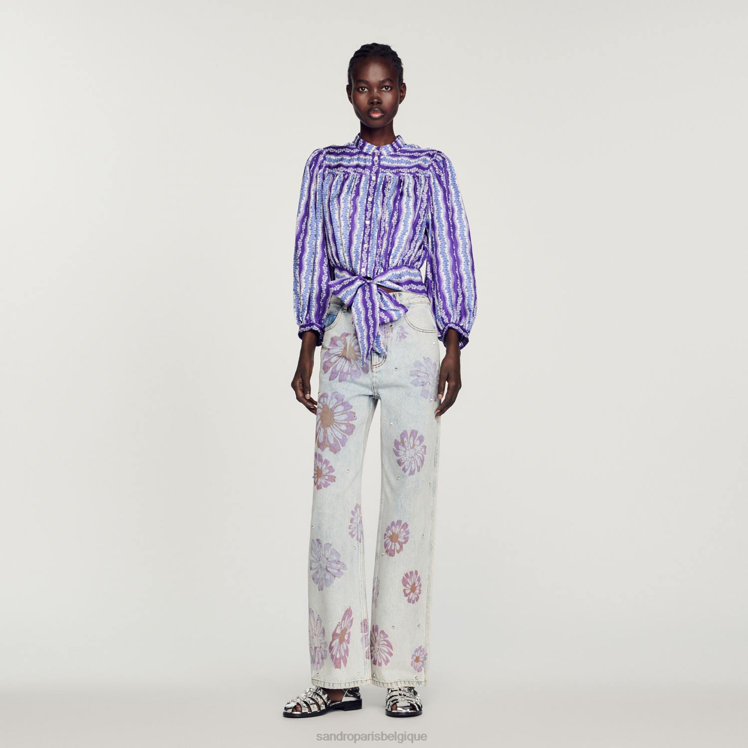 vêtements Sandro Paris chemise courte en soie à imprimé floral violet/bleu femmes XLXD431