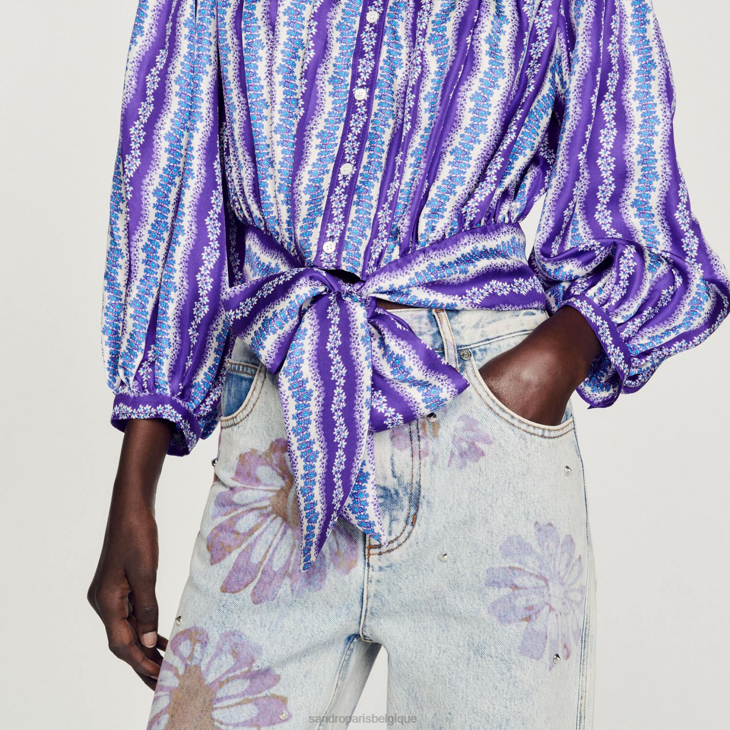 vêtements Sandro Paris chemise courte en soie à imprimé floral violet/bleu femmes XLXD431