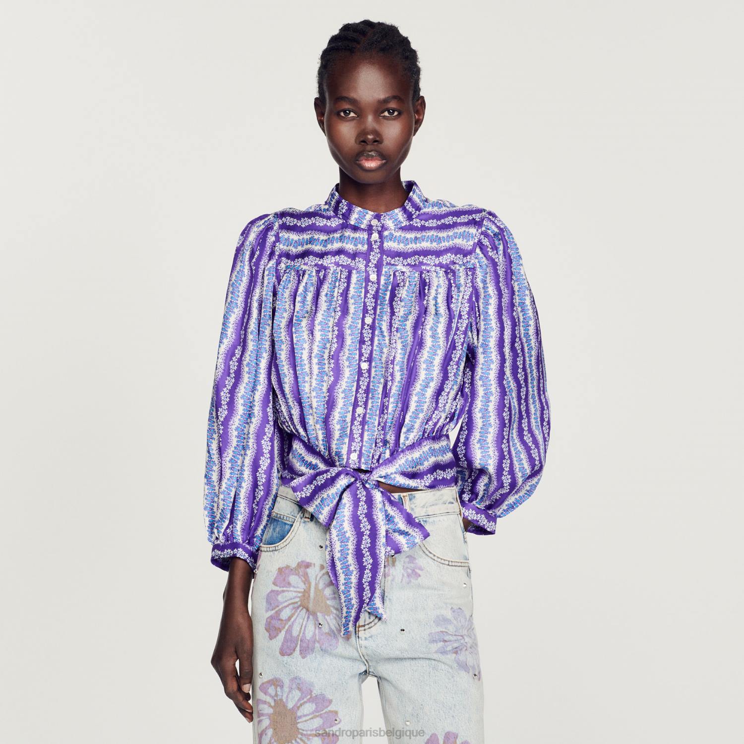 vêtements Sandro Paris chemise courte en soie à imprimé floral violet/bleu femmes XLXD431