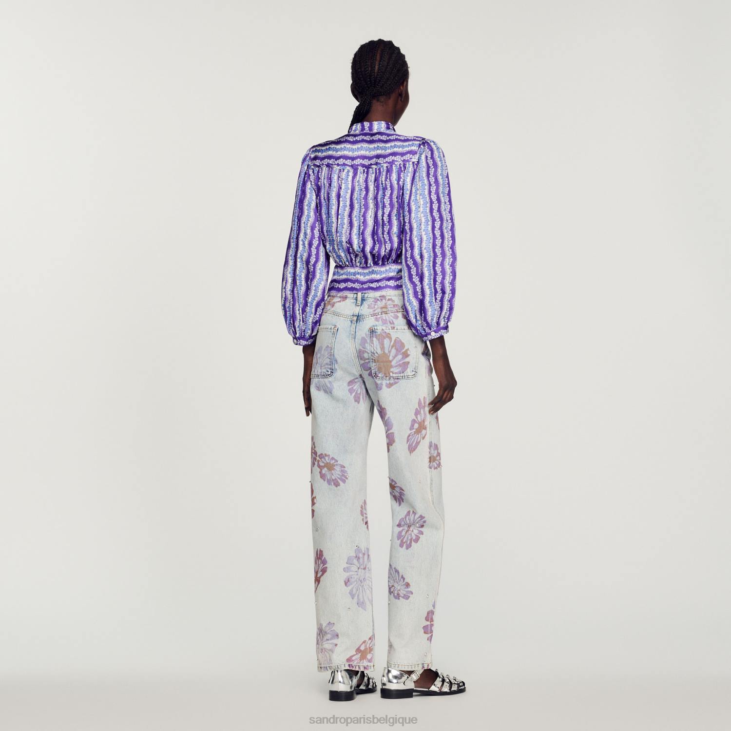 vêtements Sandro Paris chemise courte en soie à imprimé floral violet/bleu femmes XLXD431