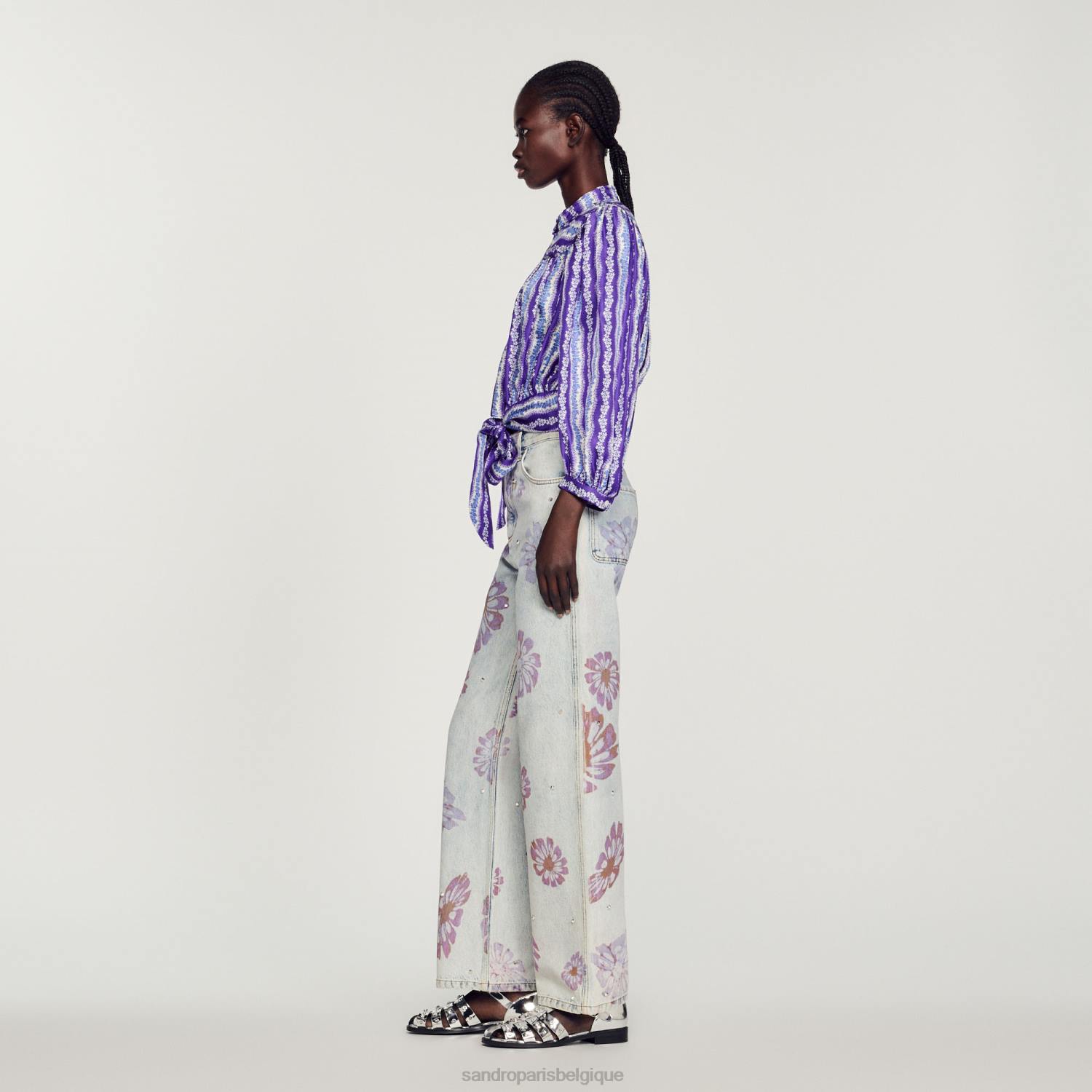 vêtements Sandro Paris chemise courte en soie à imprimé floral violet/bleu femmes XLXD431