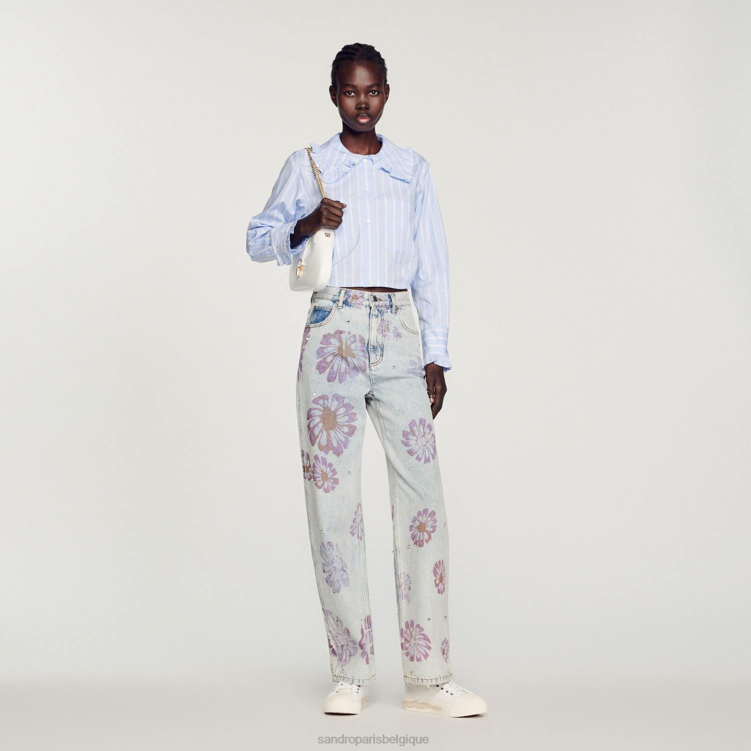 vêtements Sandro Paris chemise courte à grand col blanc bleu femmes XLXD315
