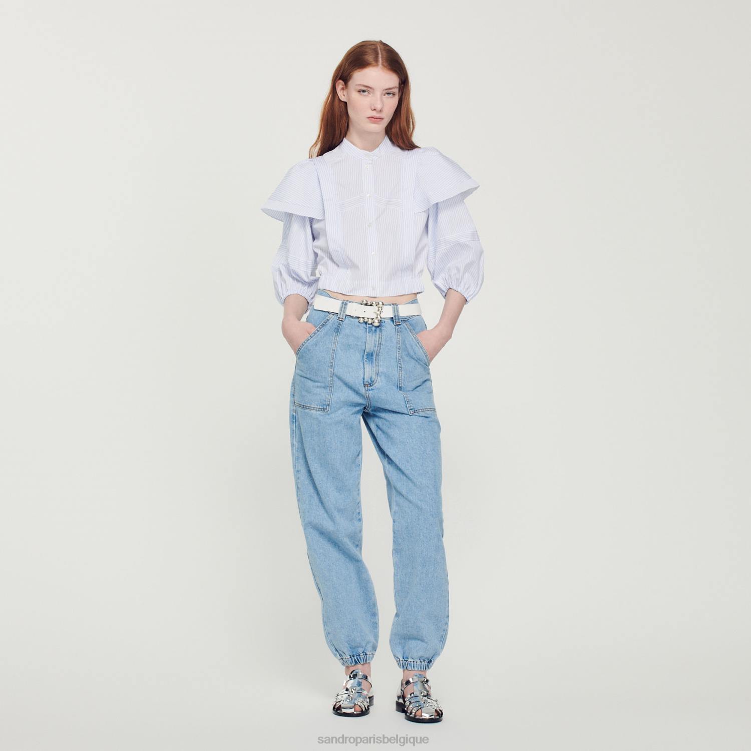 vêtements Sandro Paris chemise courte à rayures blanc bleu femmes XLXD84