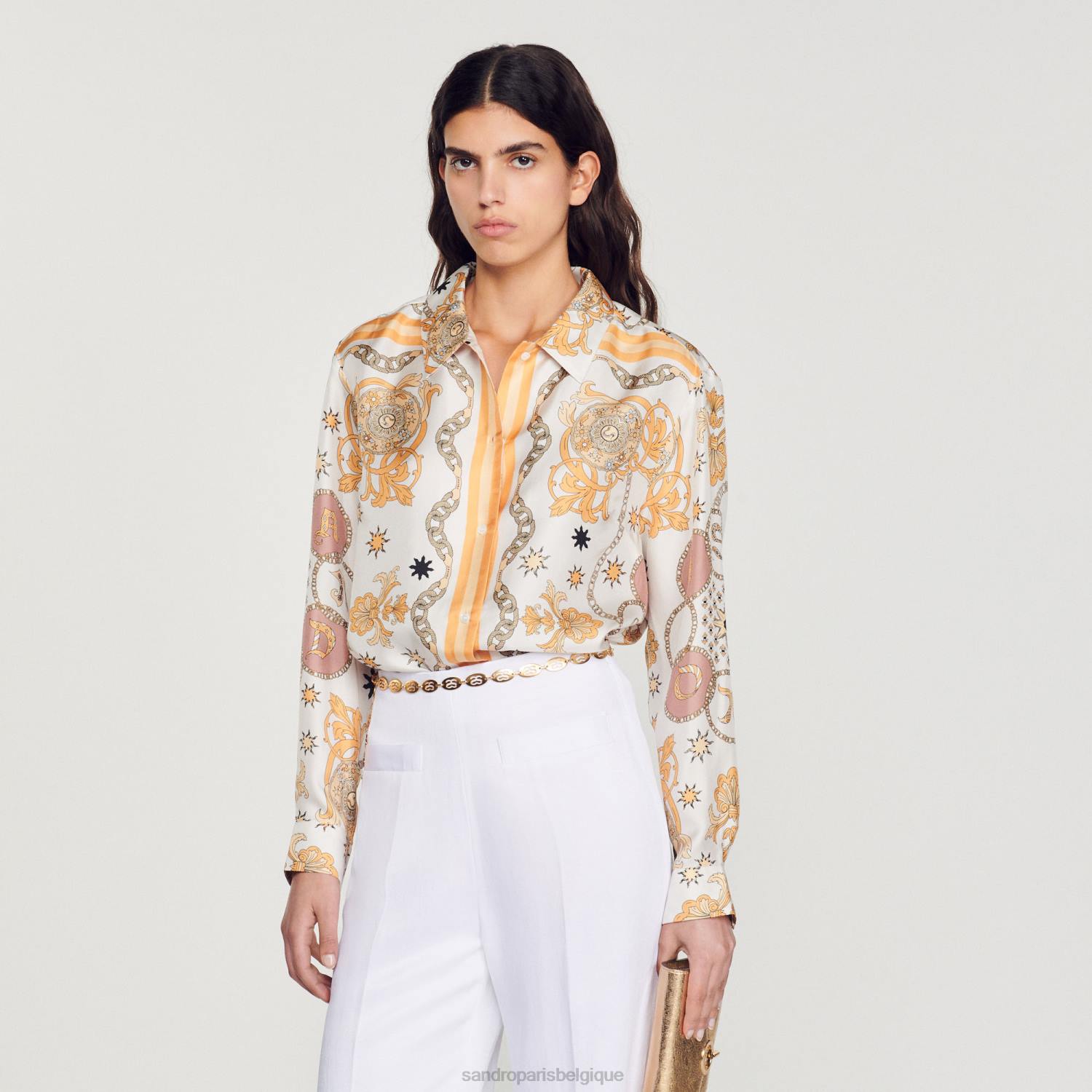vêtements Sandro Paris chemise en soie à imprimé foulard écru femmes XLXD308