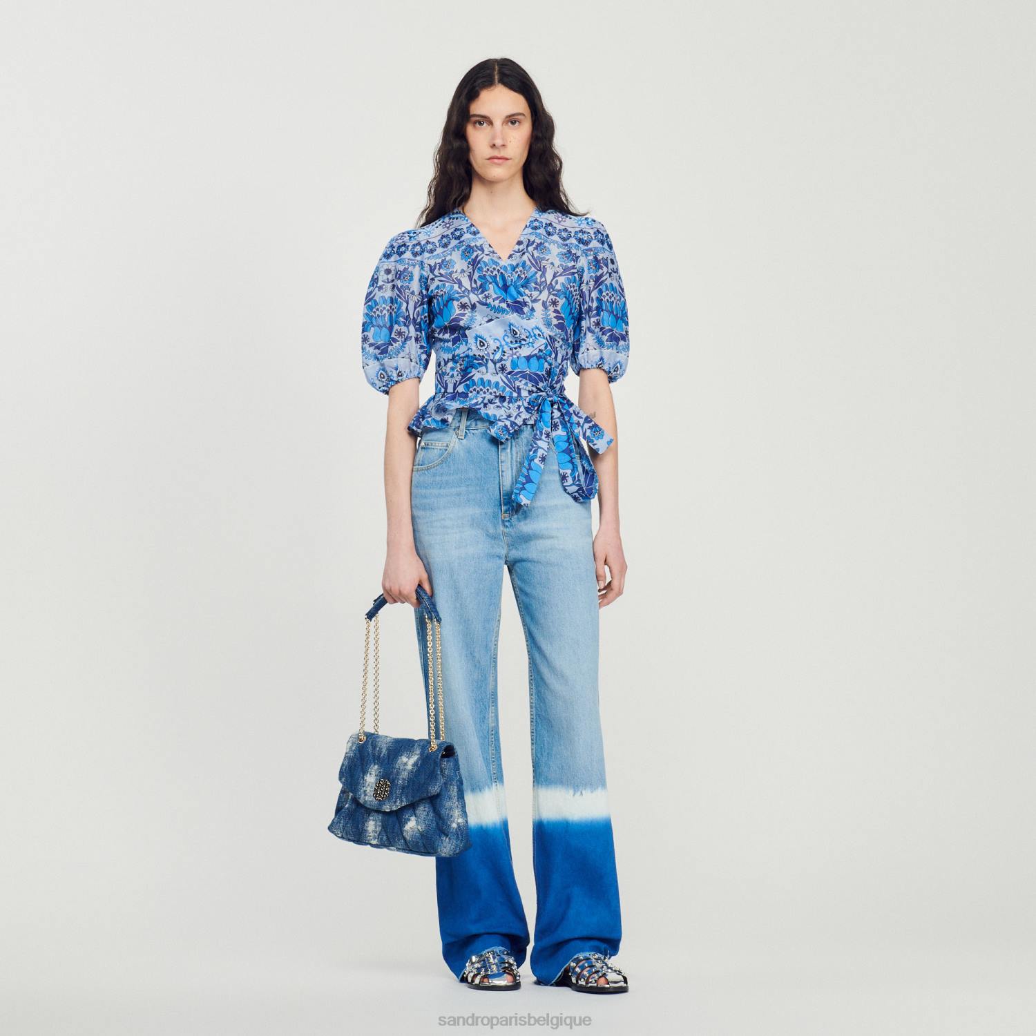 vêtements Sandro Paris haut cache-cœur court imprimé bleu femmes XLXD211