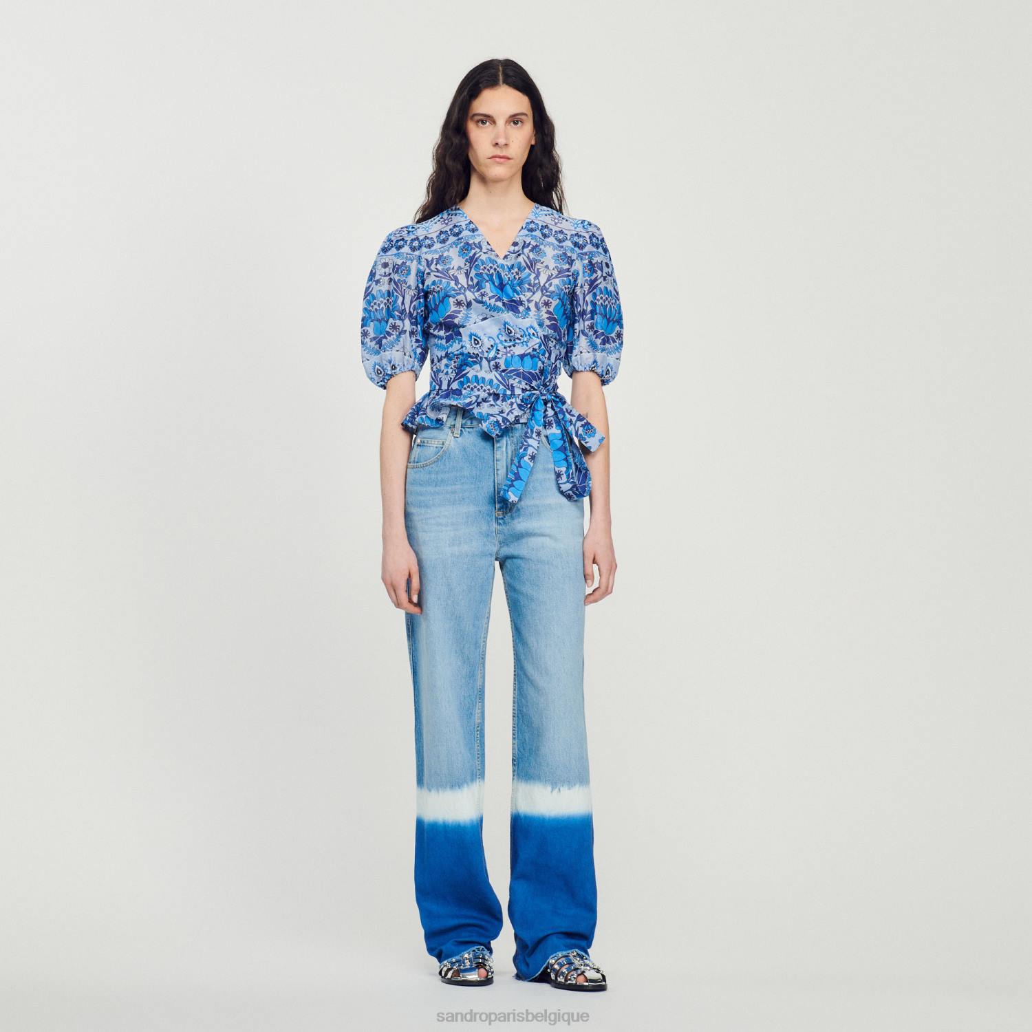 vêtements Sandro Paris haut cache-cœur court imprimé bleu femmes XLXD211