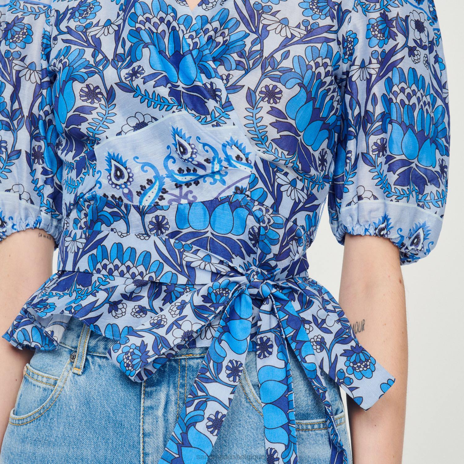 vêtements Sandro Paris haut cache-cœur court imprimé bleu femmes XLXD211