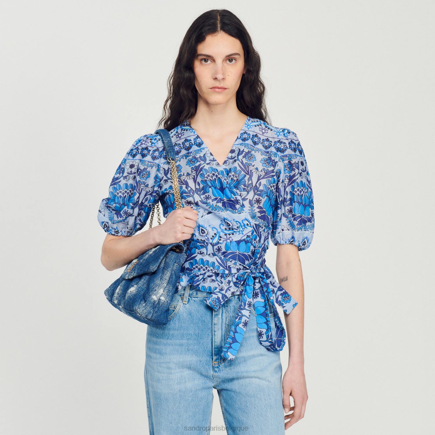 vêtements Sandro Paris haut cache-cœur court imprimé bleu femmes XLXD211