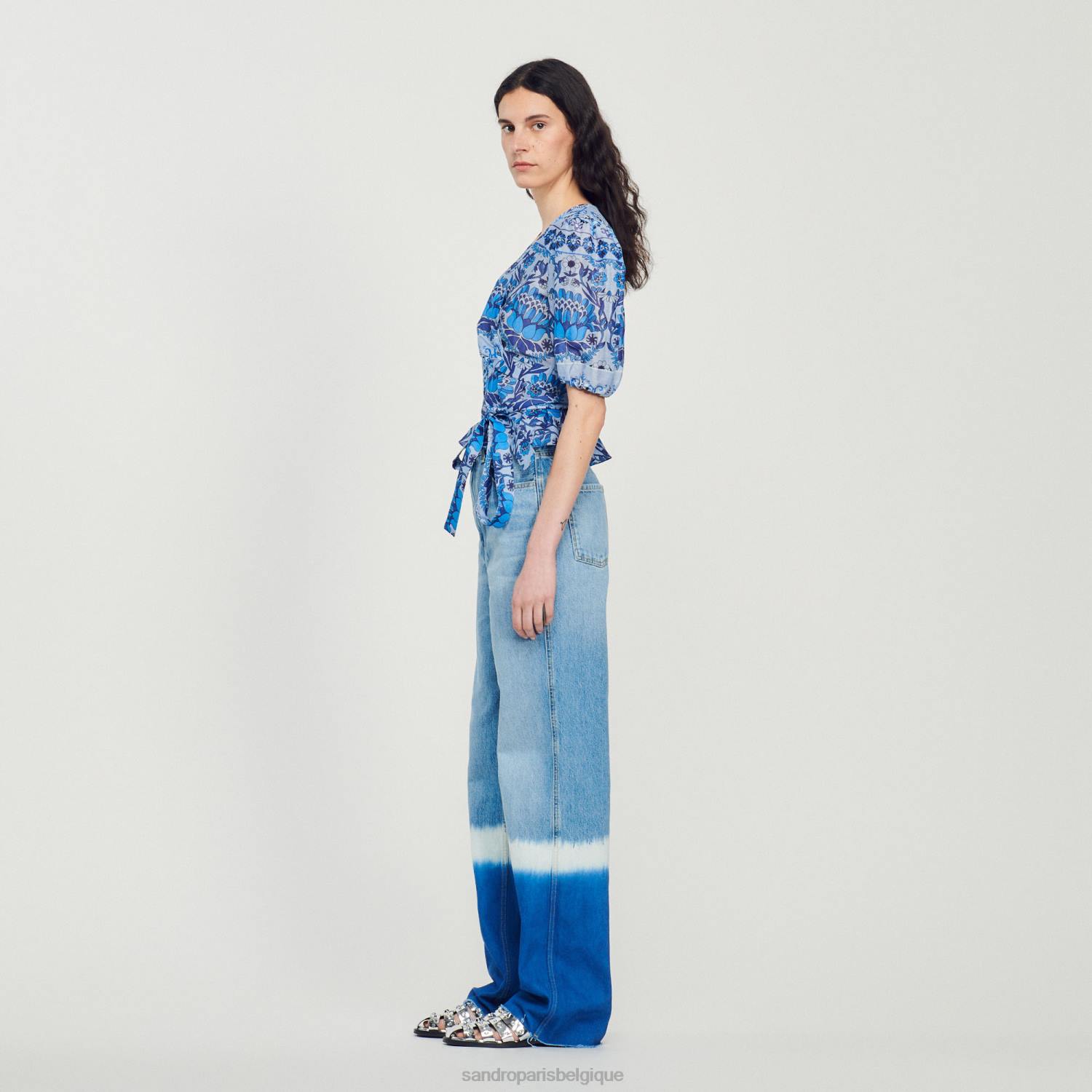 vêtements Sandro Paris haut cache-cœur court imprimé bleu femmes XLXD211