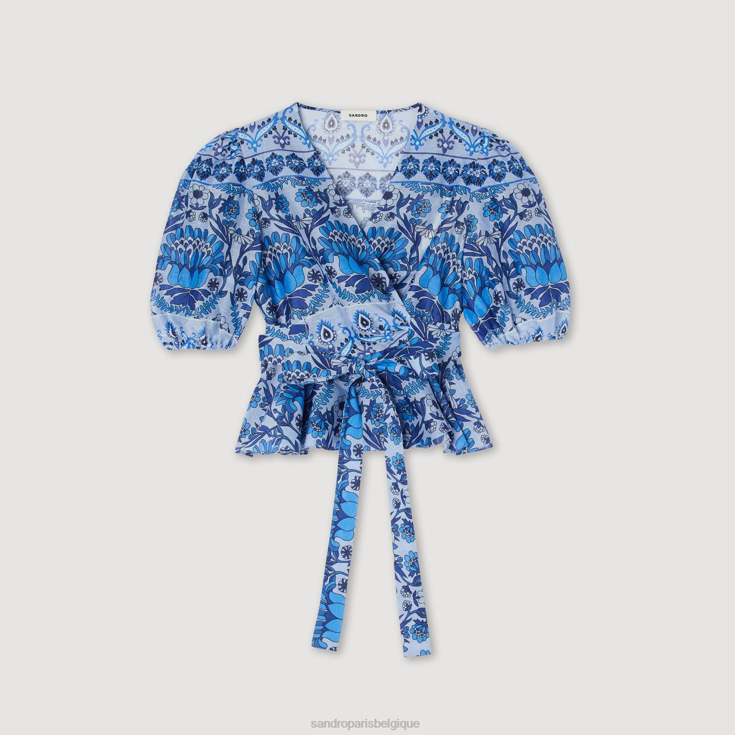 vêtements Sandro Paris haut cache-cœur court imprimé bleu femmes XLXD211