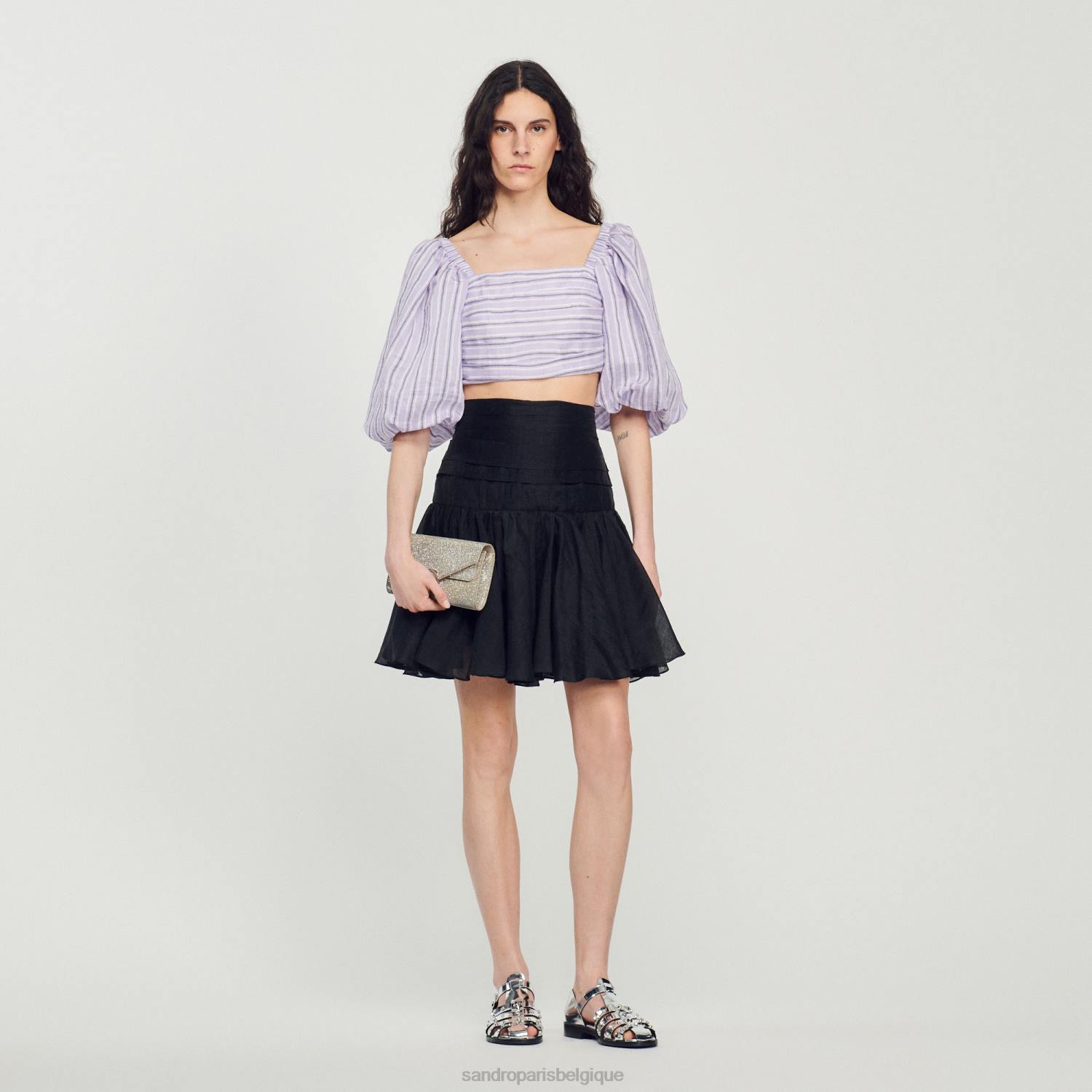 vêtements Sandro Paris haut court à rayures lilas/noir femmes XLXD458