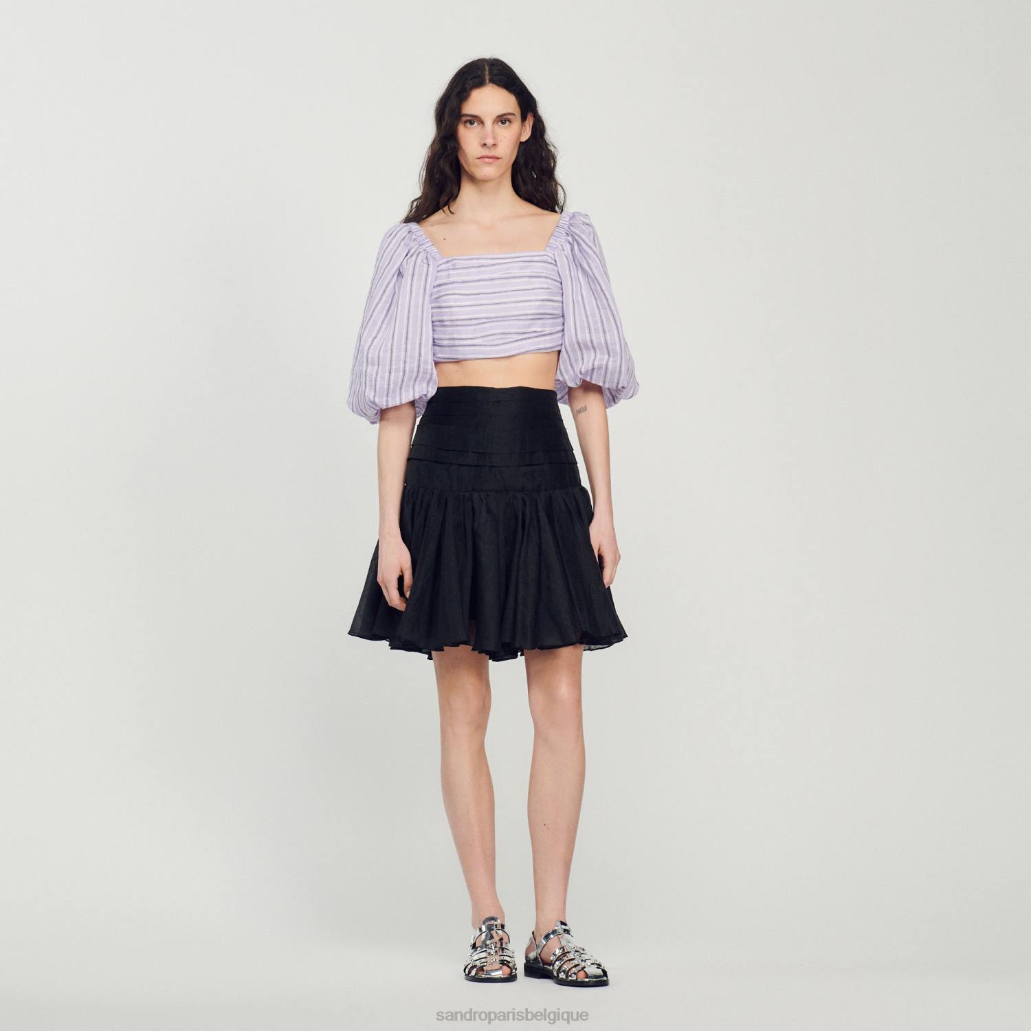 vêtements Sandro Paris haut court à rayures lilas/noir femmes XLXD458
