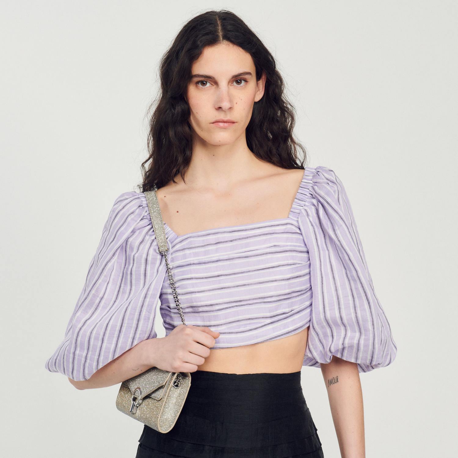 vêtements Sandro Paris haut court à rayures lilas/noir femmes XLXD458