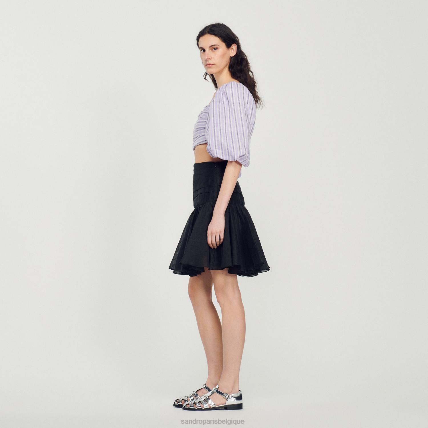 vêtements Sandro Paris haut court à rayures lilas/noir femmes XLXD458