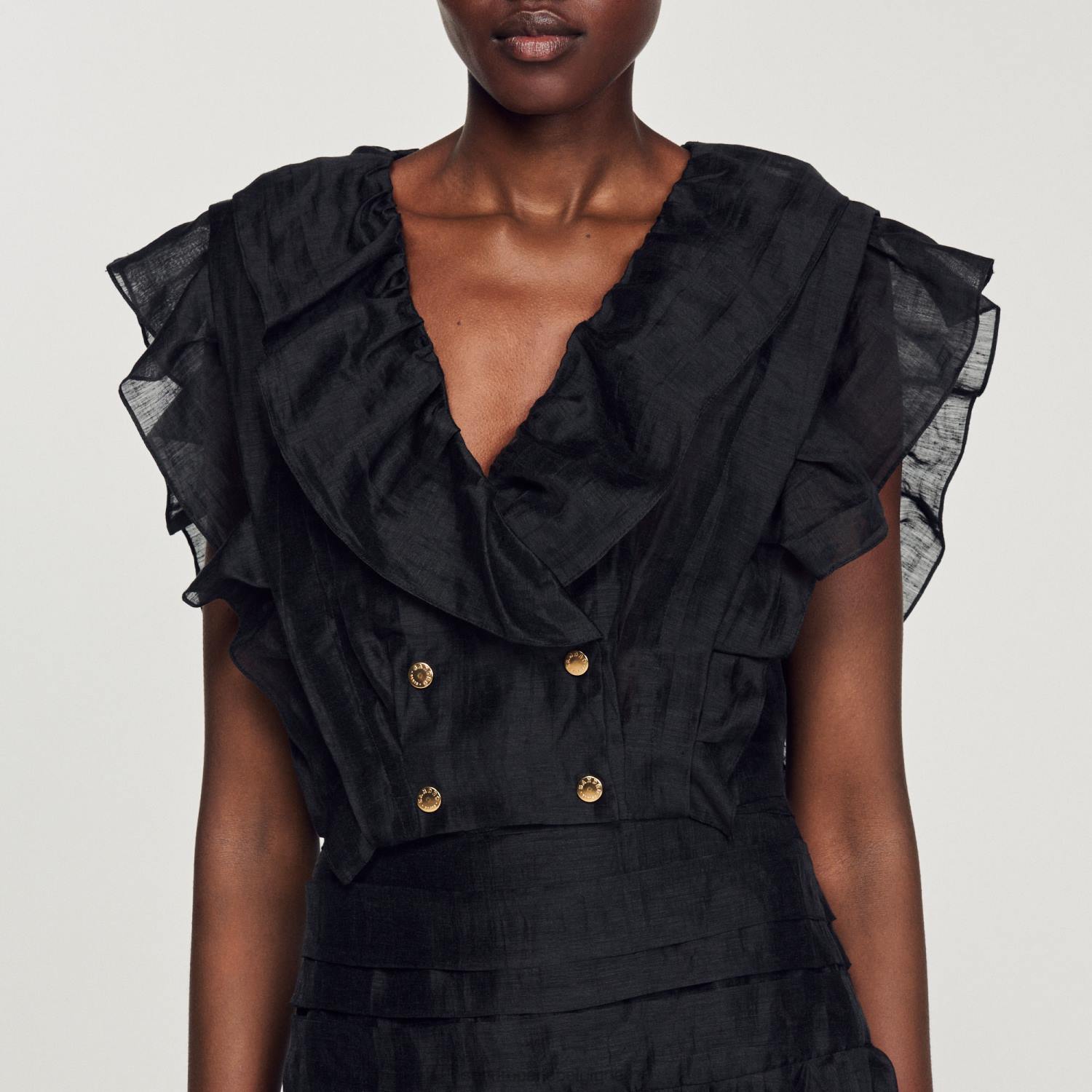 vêtements Sandro Paris haut court à volants noir femmes XLXD131