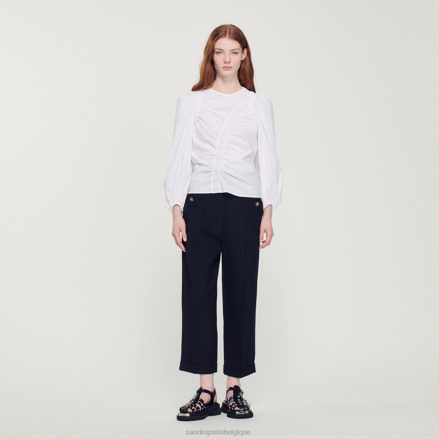 vêtements Sandro Paris haut en popeline froncé blanc femmes XLXD410