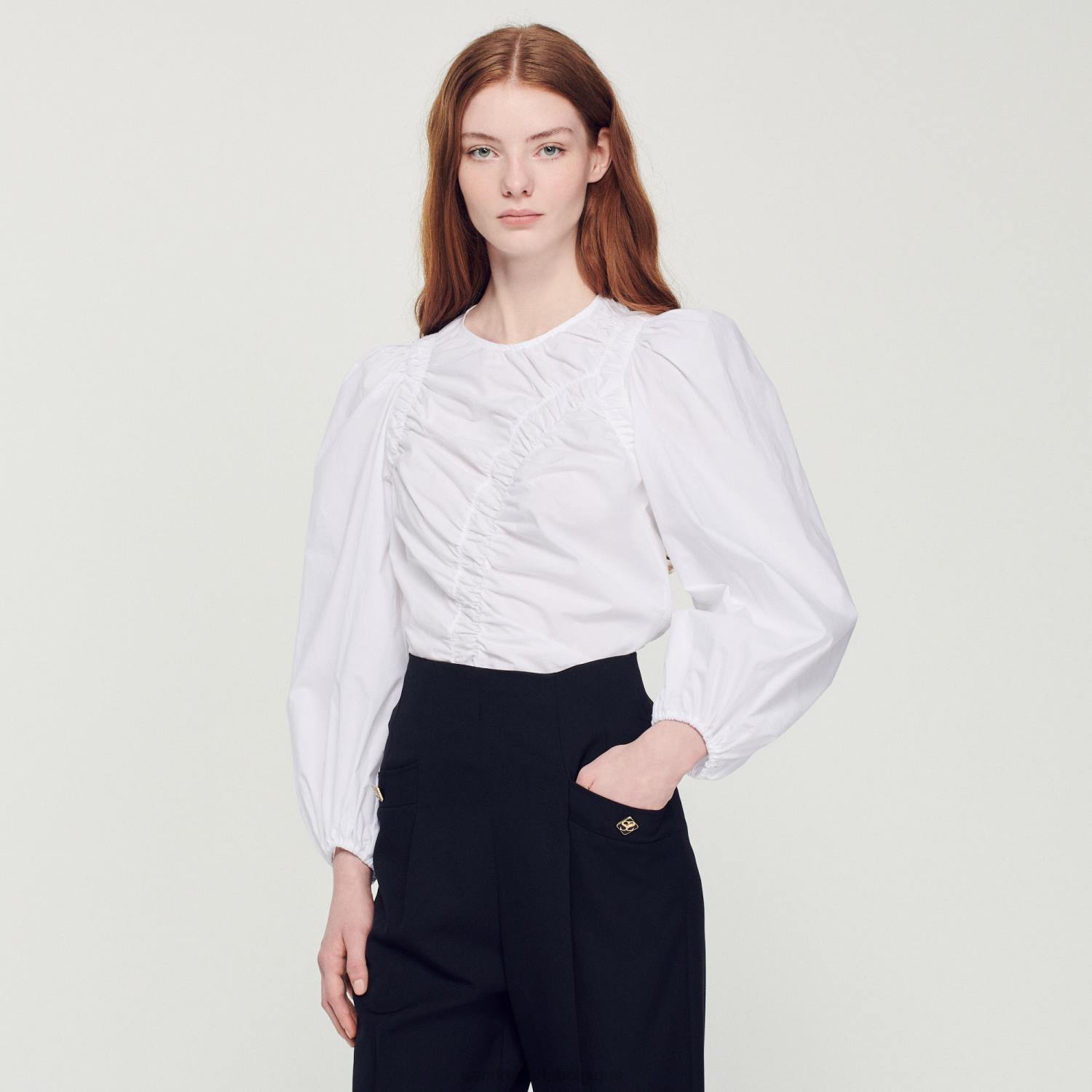 vêtements Sandro Paris haut en popeline froncé blanc femmes XLXD410
