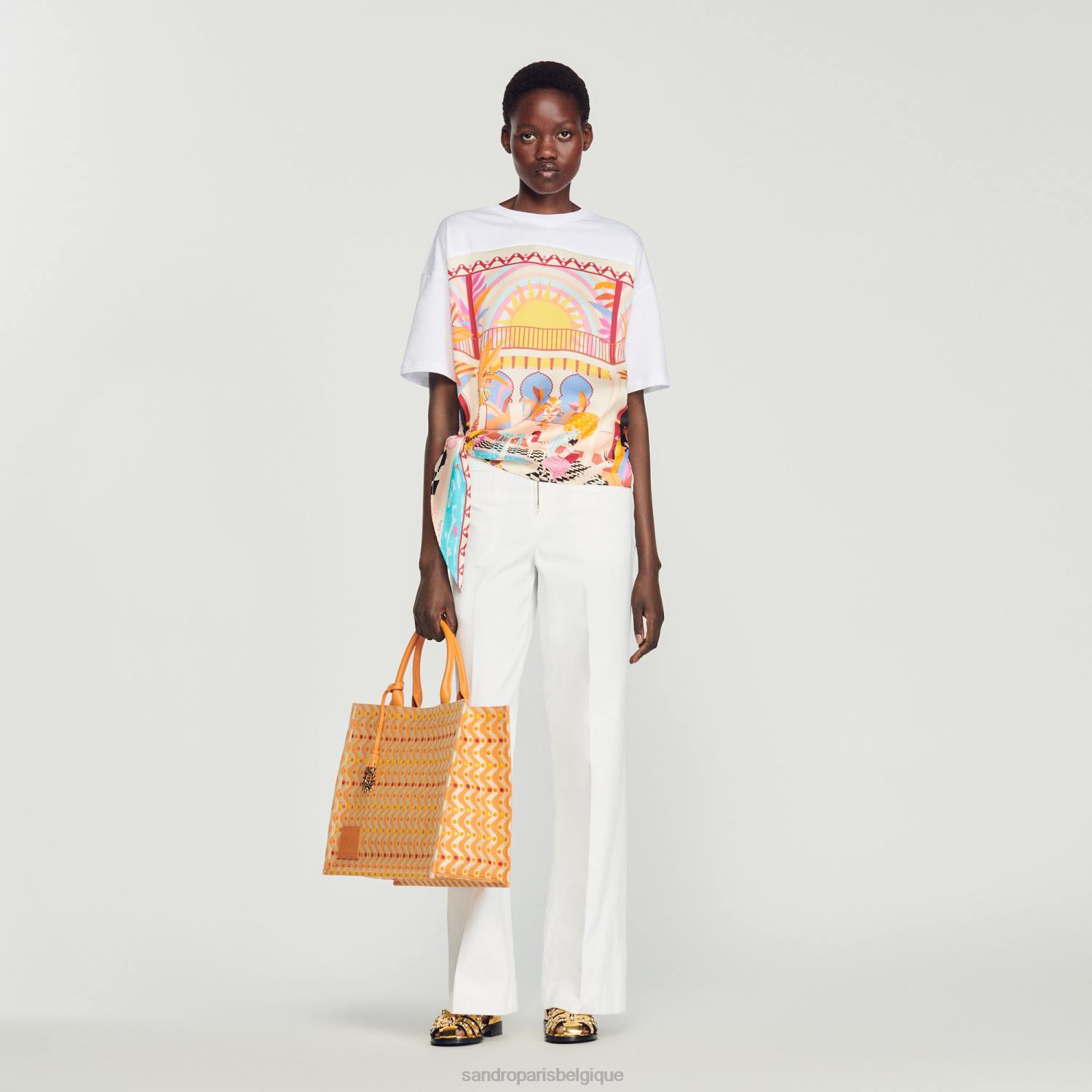 vêtements Sandro Paris t-shirt foulard orange/rose femmes XLXD115