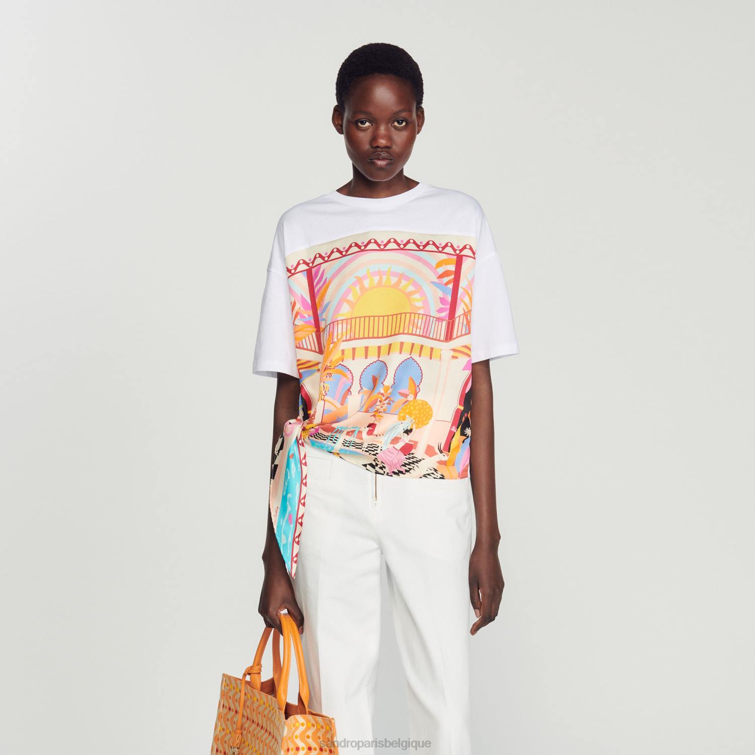 vêtements Sandro Paris t-shirt foulard orange/rose femmes XLXD115