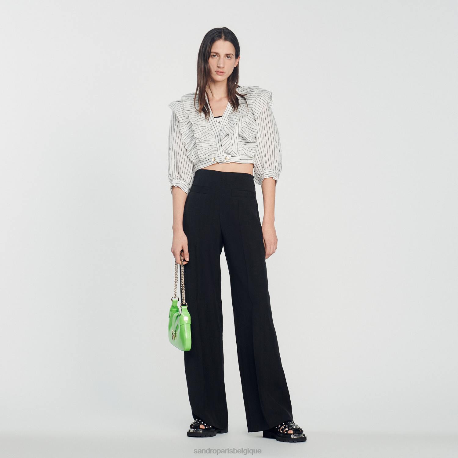 vêtements Sandro Paris top court en lin à rayures blanc noir femmes XLXD338
