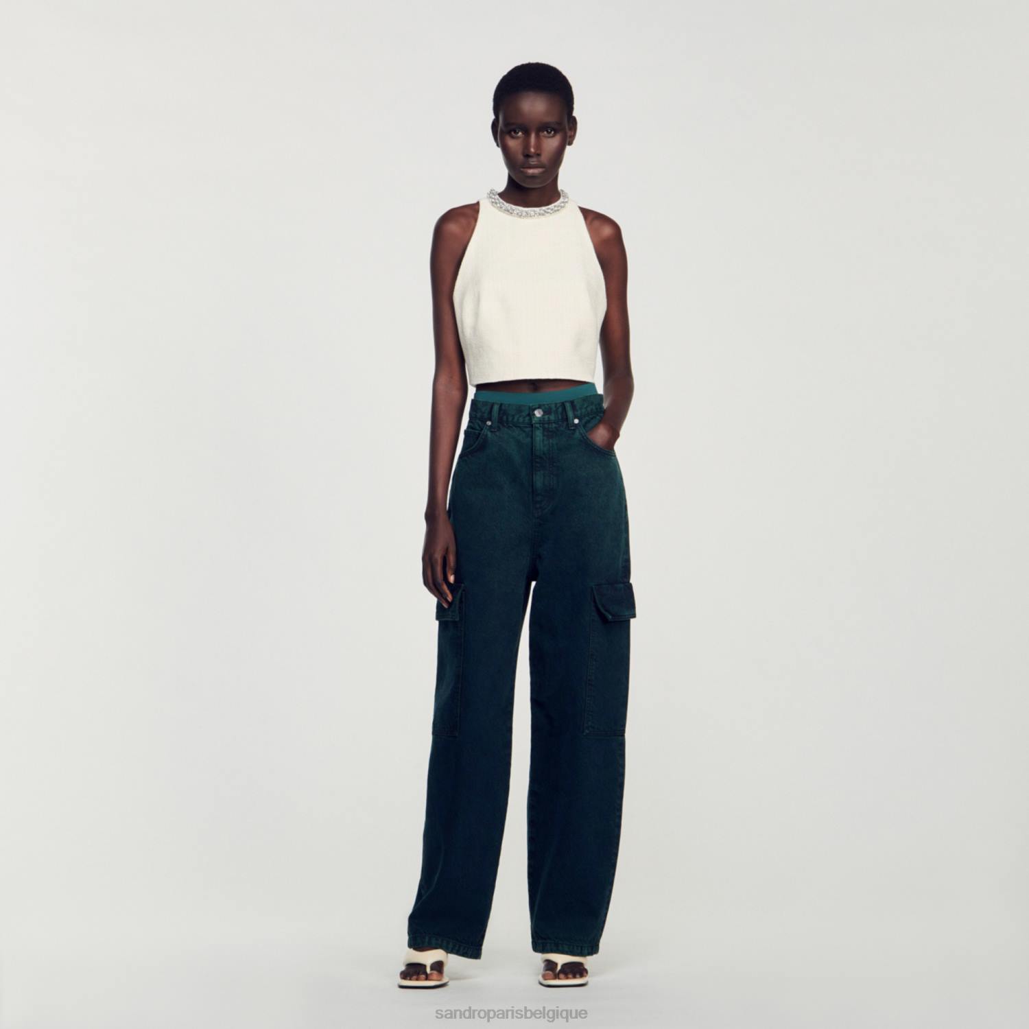 vêtements Sandro Paris top court en tweed écru femmes XLXD59