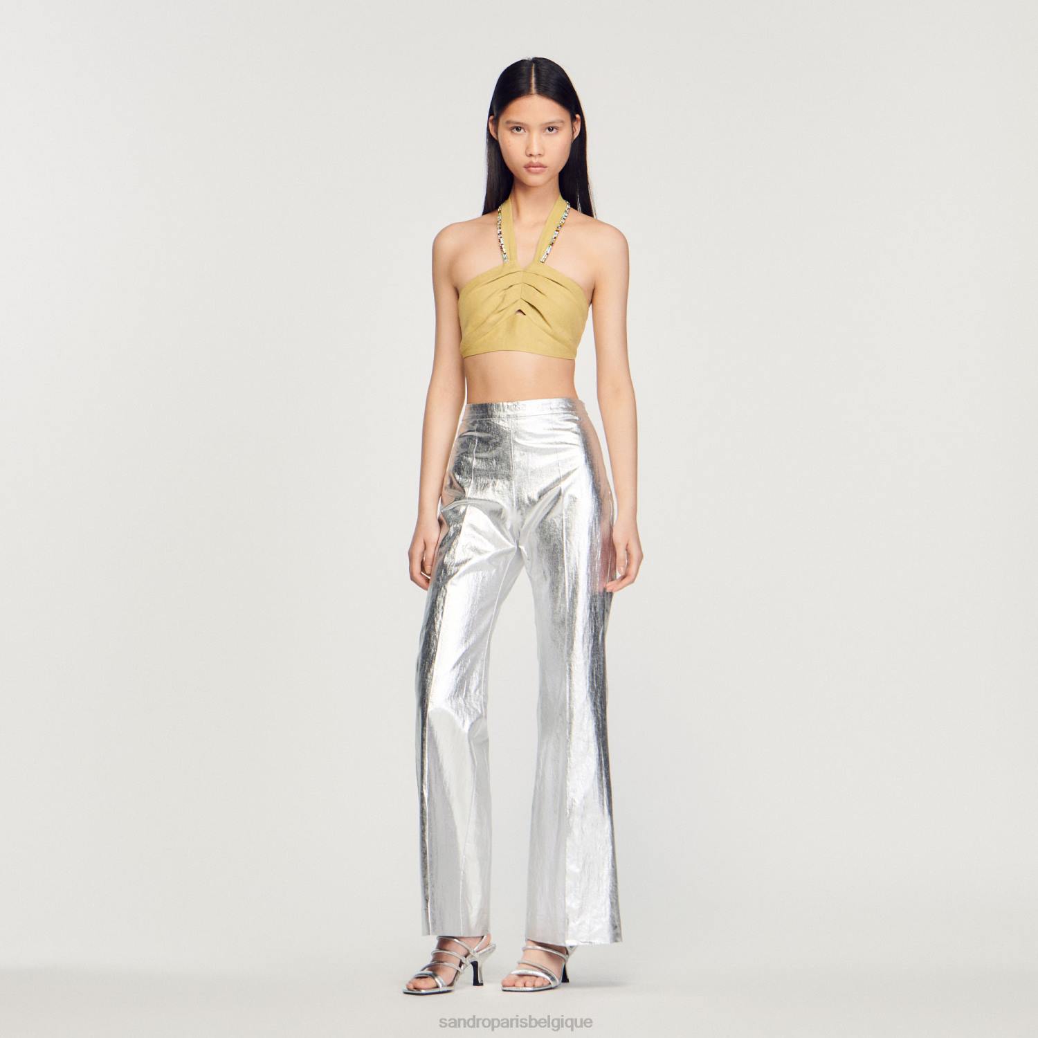 vêtements Sandro Paris top court à strass vert citron femmes XLXD367