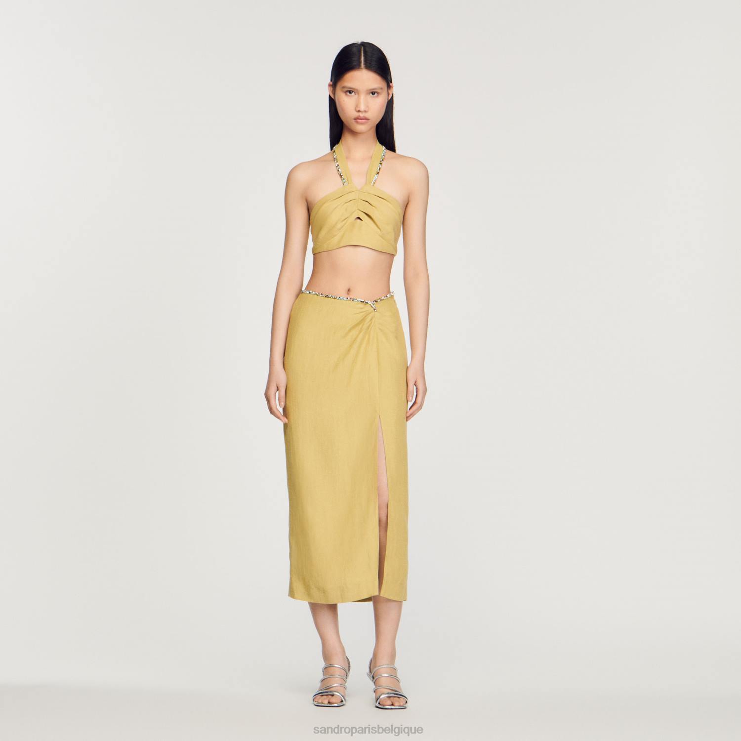 vêtements Sandro Paris jupe avec fente et strass vert citron femmes XLXD373