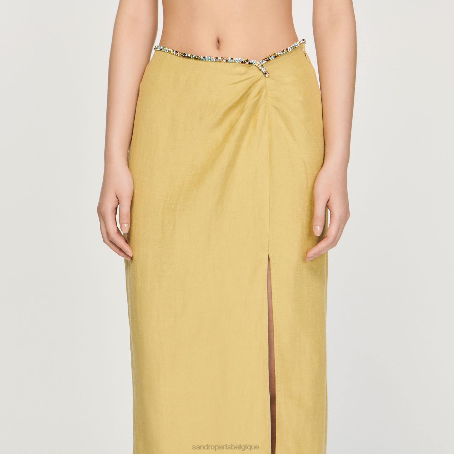 vêtements Sandro Paris jupe avec fente et strass vert citron femmes XLXD373
