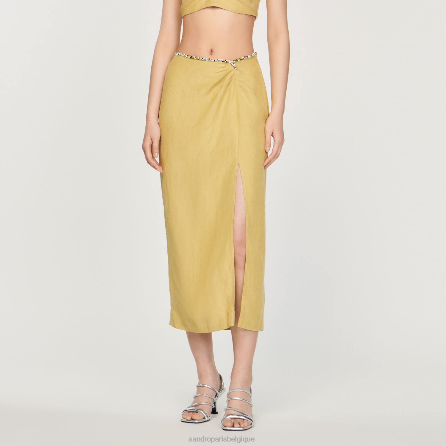 vêtements Sandro Paris jupe avec fente et strass vert citron femmes XLXD373