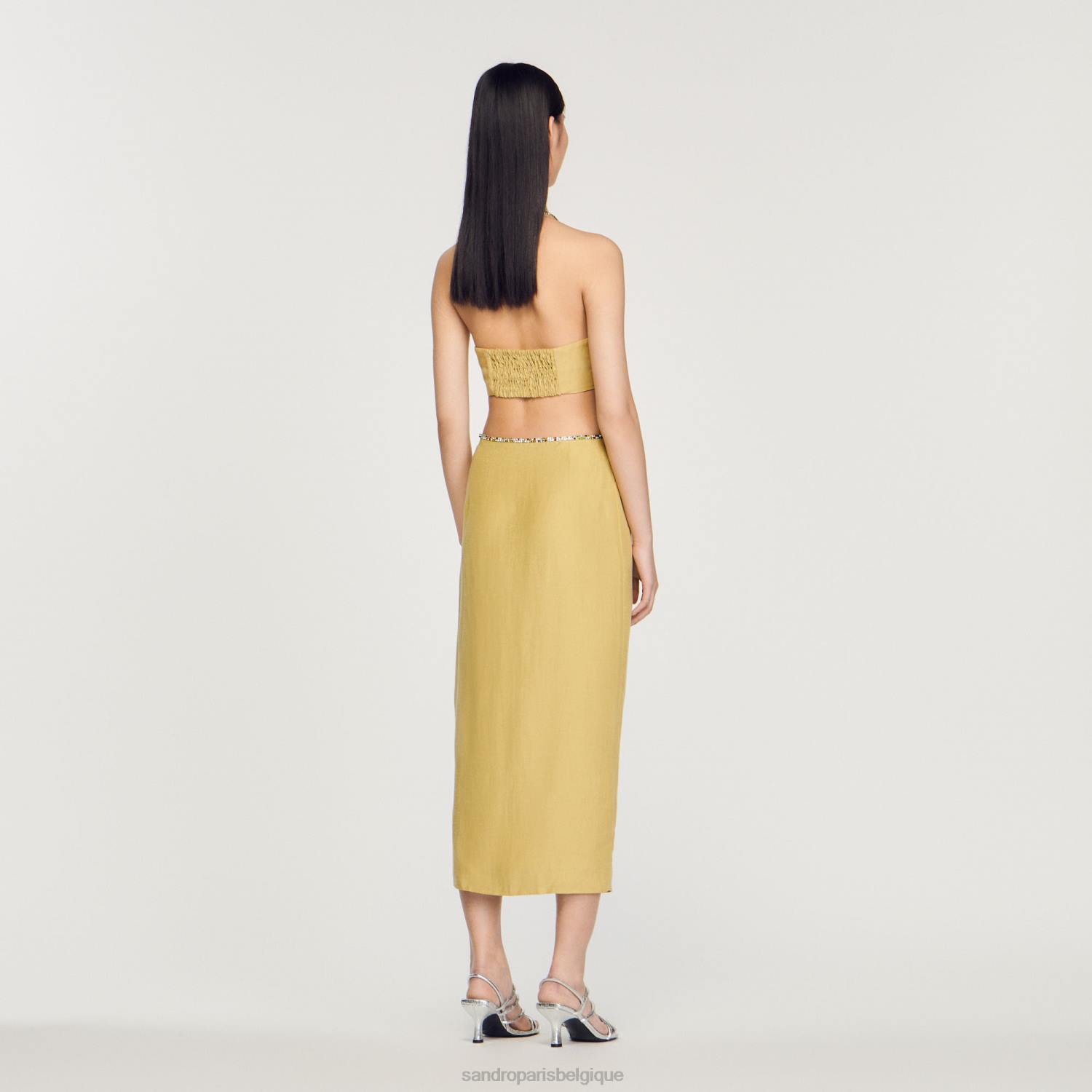 vêtements Sandro Paris jupe avec fente et strass vert citron femmes XLXD373