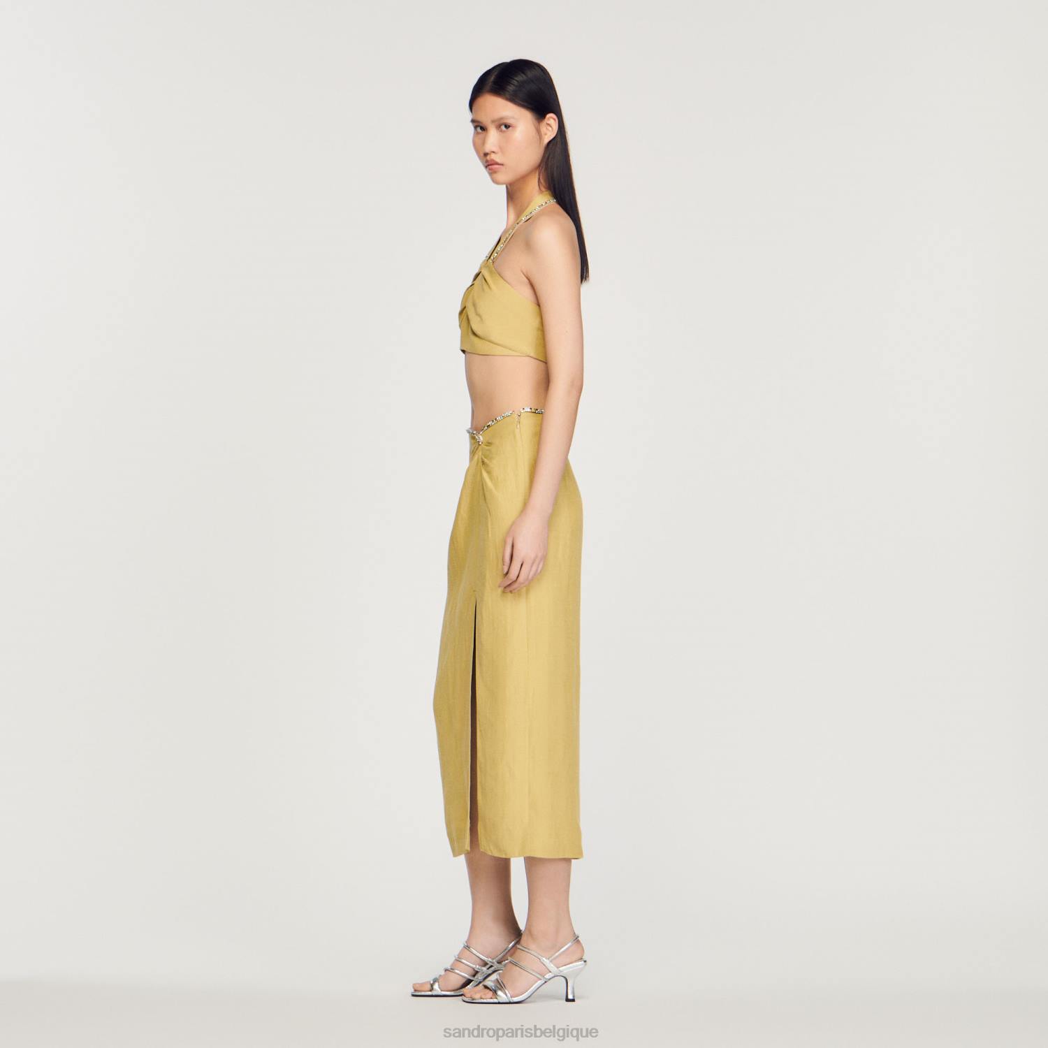 vêtements Sandro Paris jupe avec fente et strass vert citron femmes XLXD373