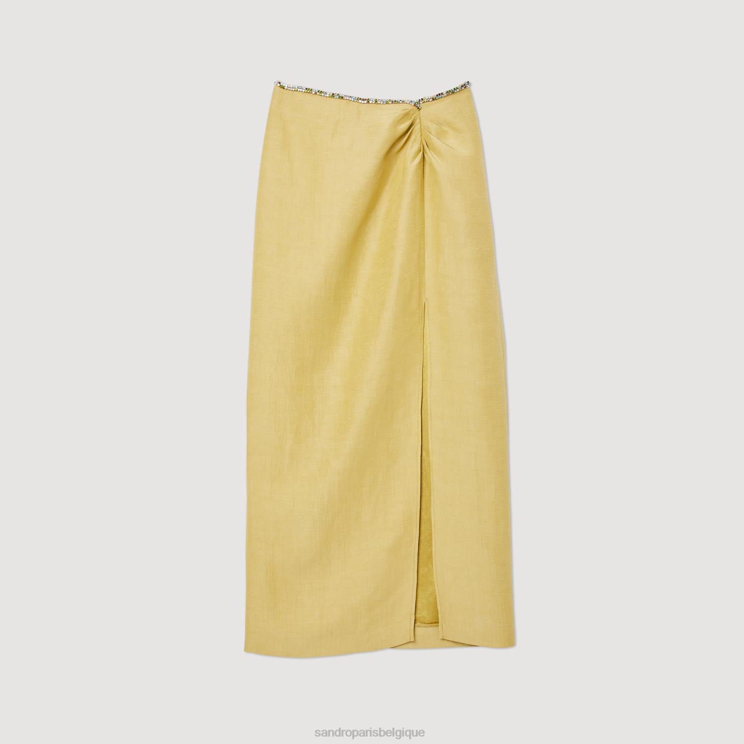 vêtements Sandro Paris jupe avec fente et strass vert citron femmes XLXD373