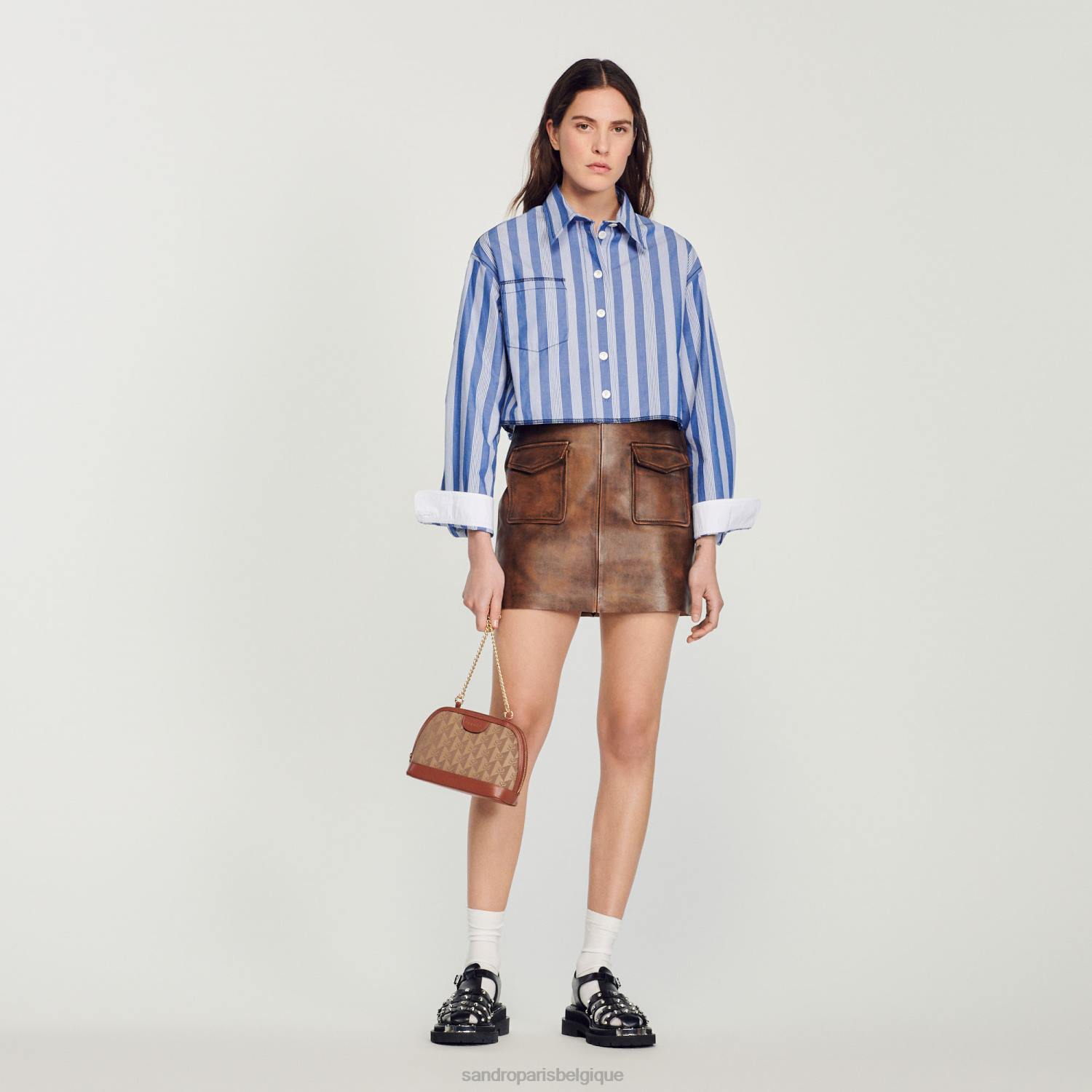 vêtements Sandro Paris jupe courte en cuir vieilli noir marron femmes XLXD453