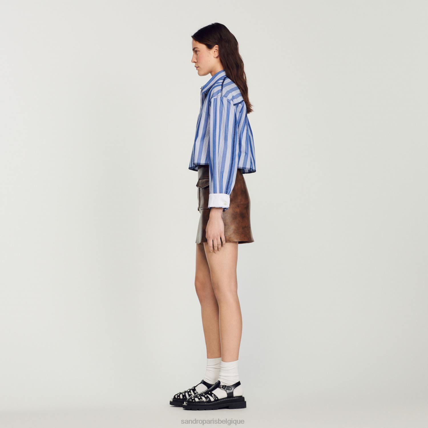 vêtements Sandro Paris jupe courte en cuir vieilli noir marron femmes XLXD453