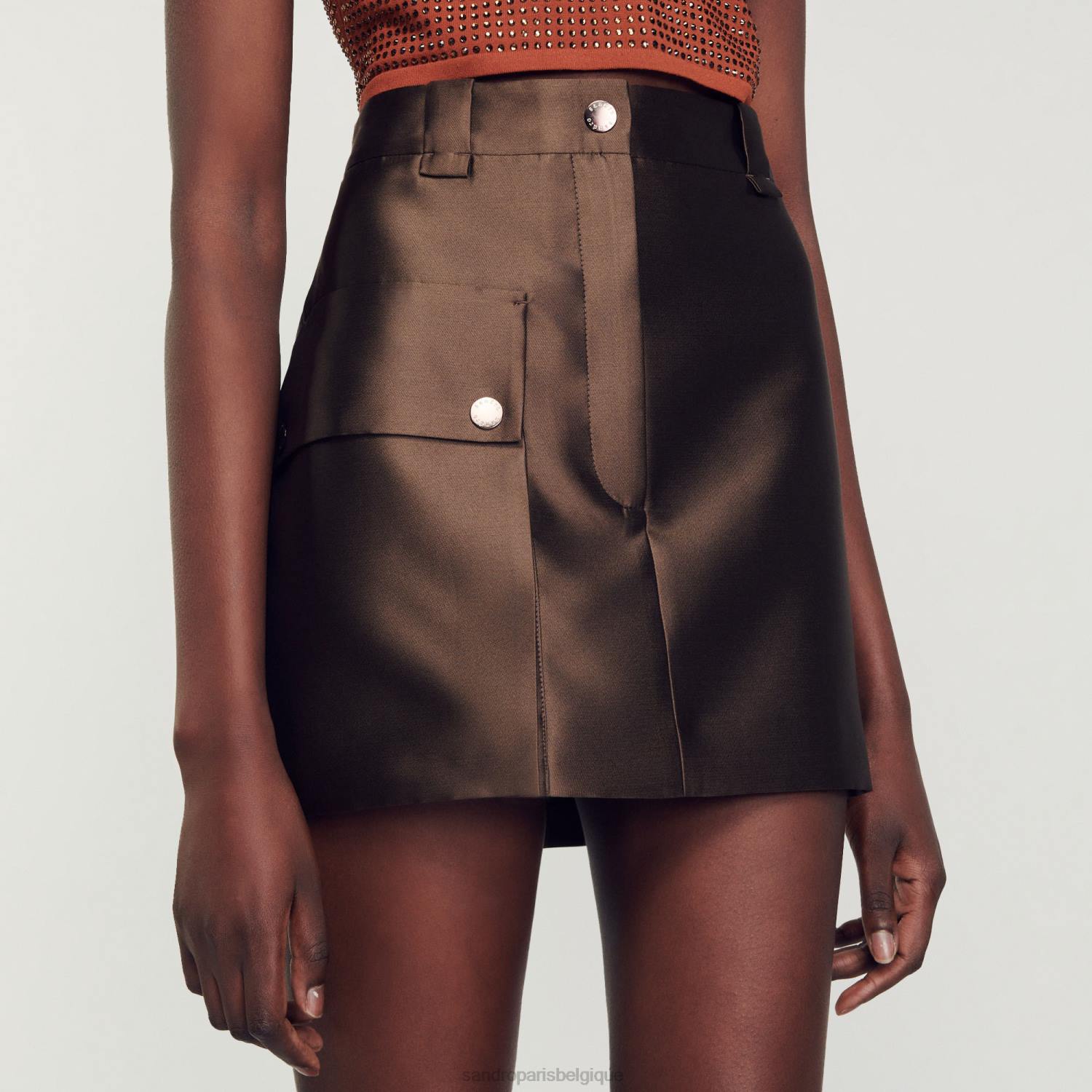 vêtements Sandro Paris jupe courte en satin brun femmes XLXD83