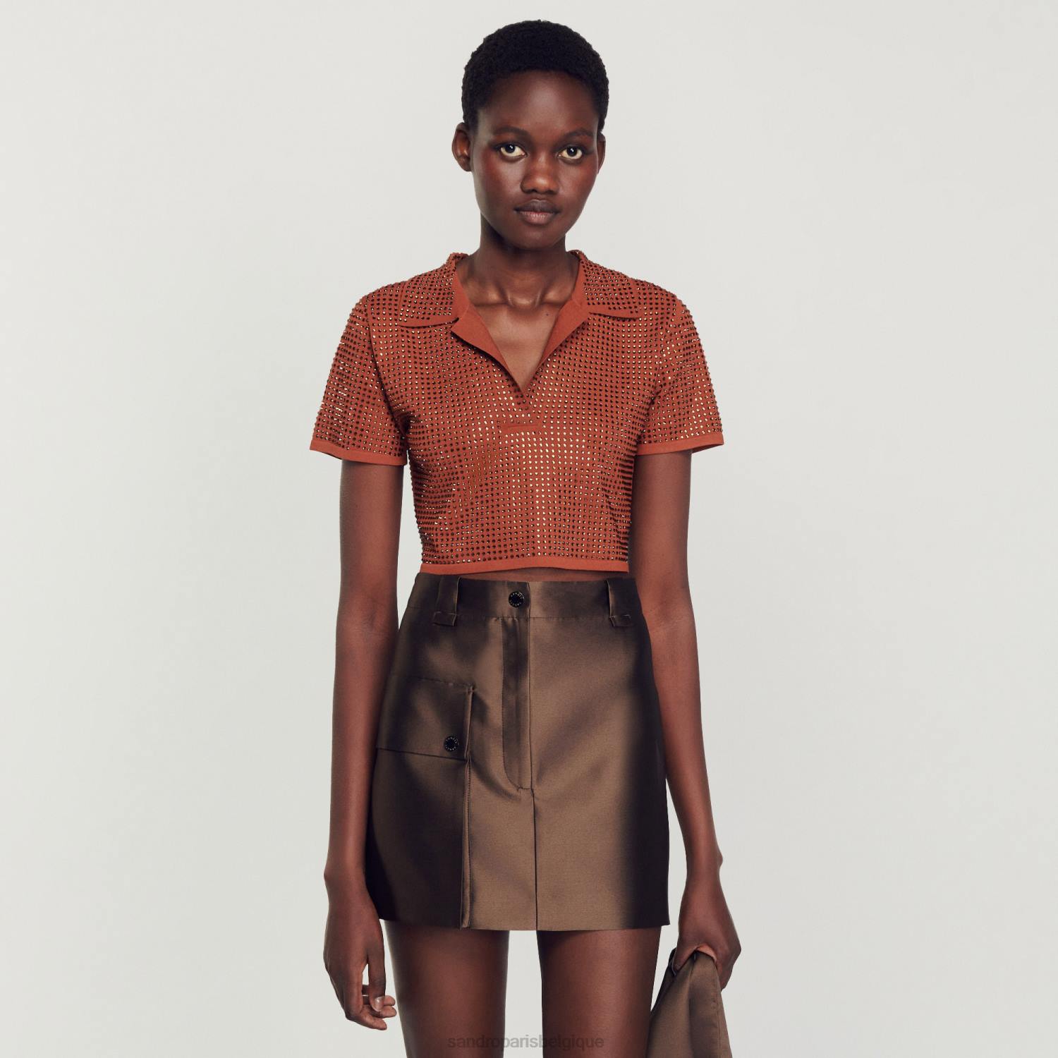 vêtements Sandro Paris jupe courte en satin brun femmes XLXD83