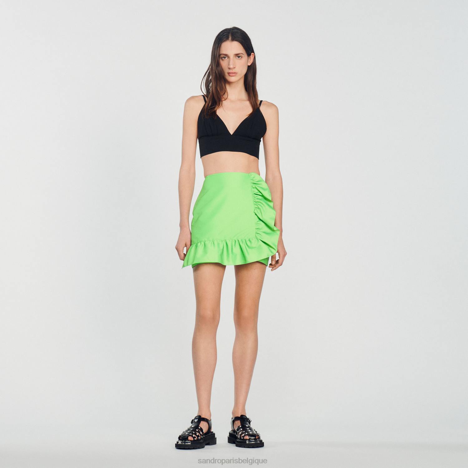 vêtements Sandro Paris jupe courte à volants vert fluo femmes XLXD450