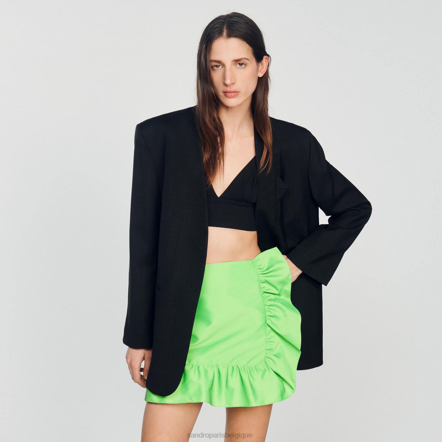 vêtements Sandro Paris jupe courte à volants vert fluo femmes XLXD450