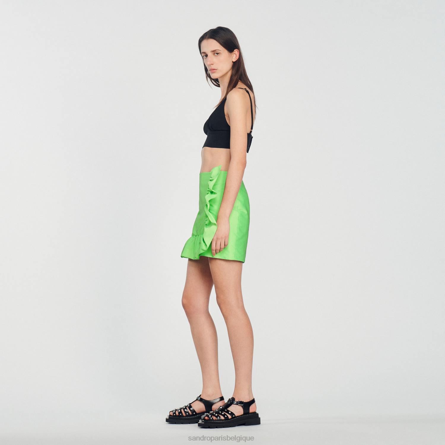 vêtements Sandro Paris jupe courte à volants vert fluo femmes XLXD450