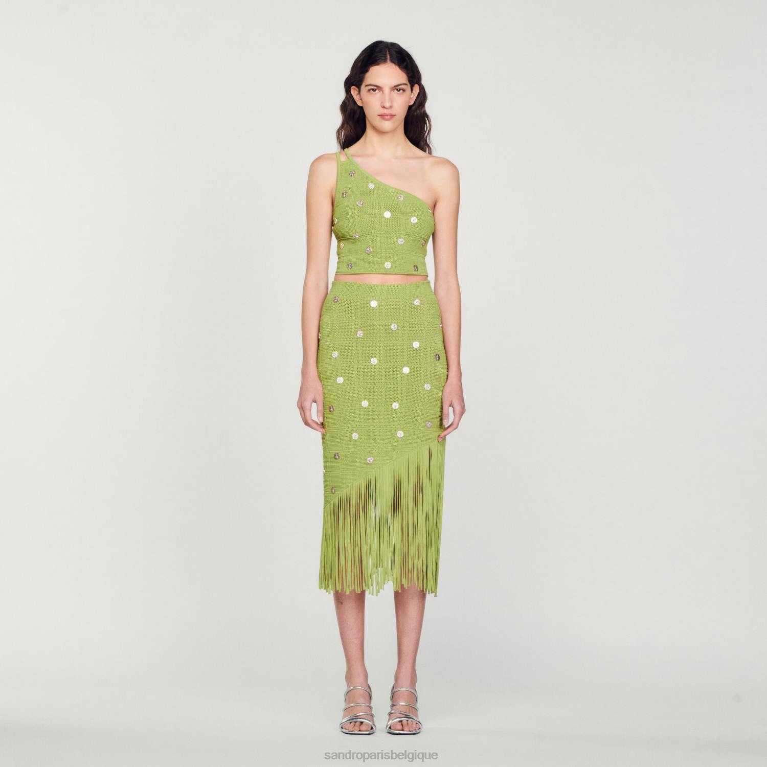 vêtements Sandro Paris jupe en maille à franges olive verte femmes XLXD133