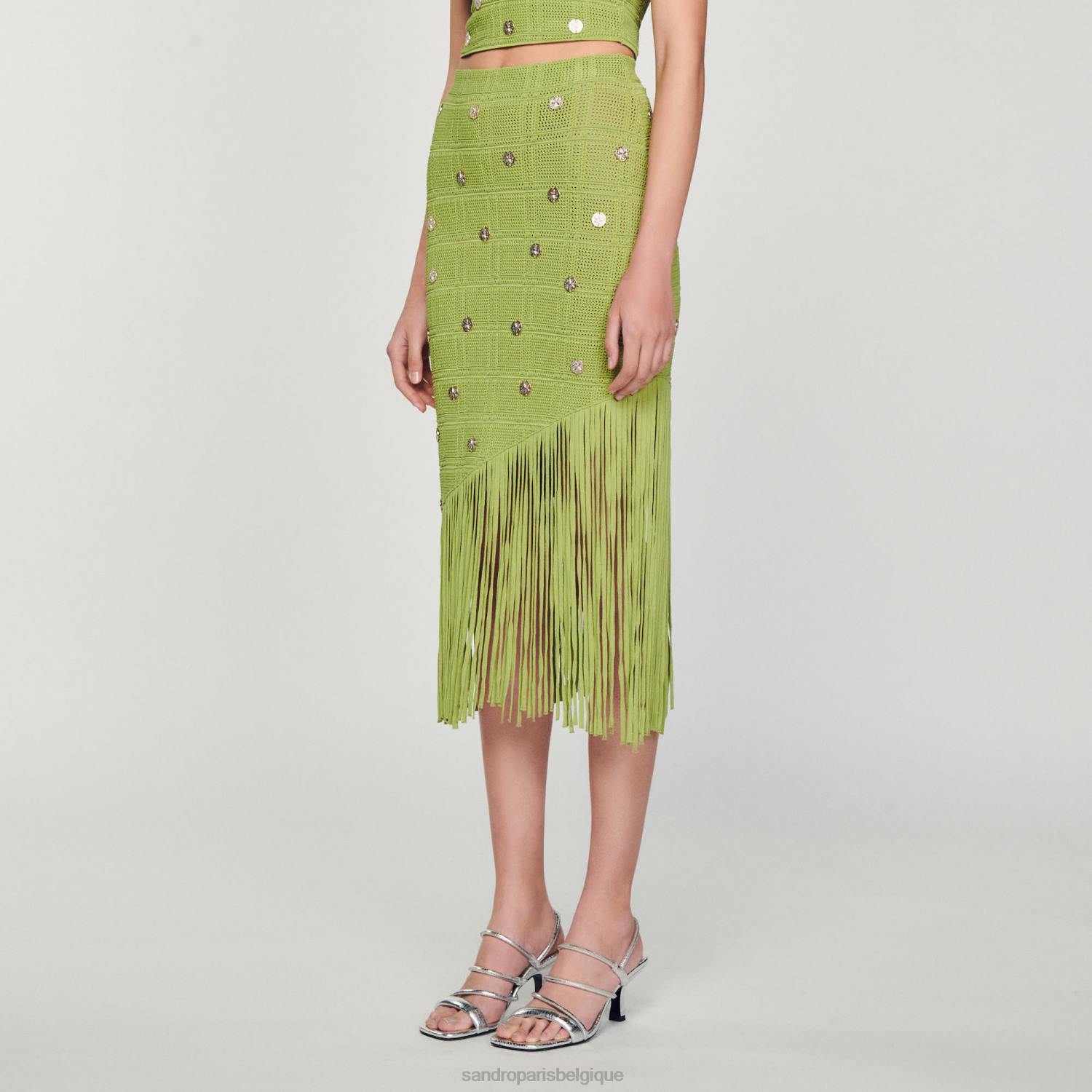vêtements Sandro Paris jupe en maille à franges olive verte femmes XLXD133