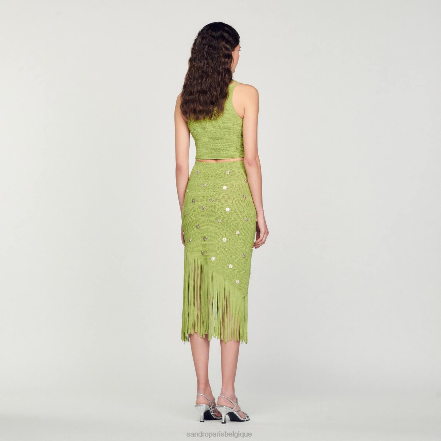 vêtements Sandro Paris jupe en maille à franges olive verte femmes XLXD133