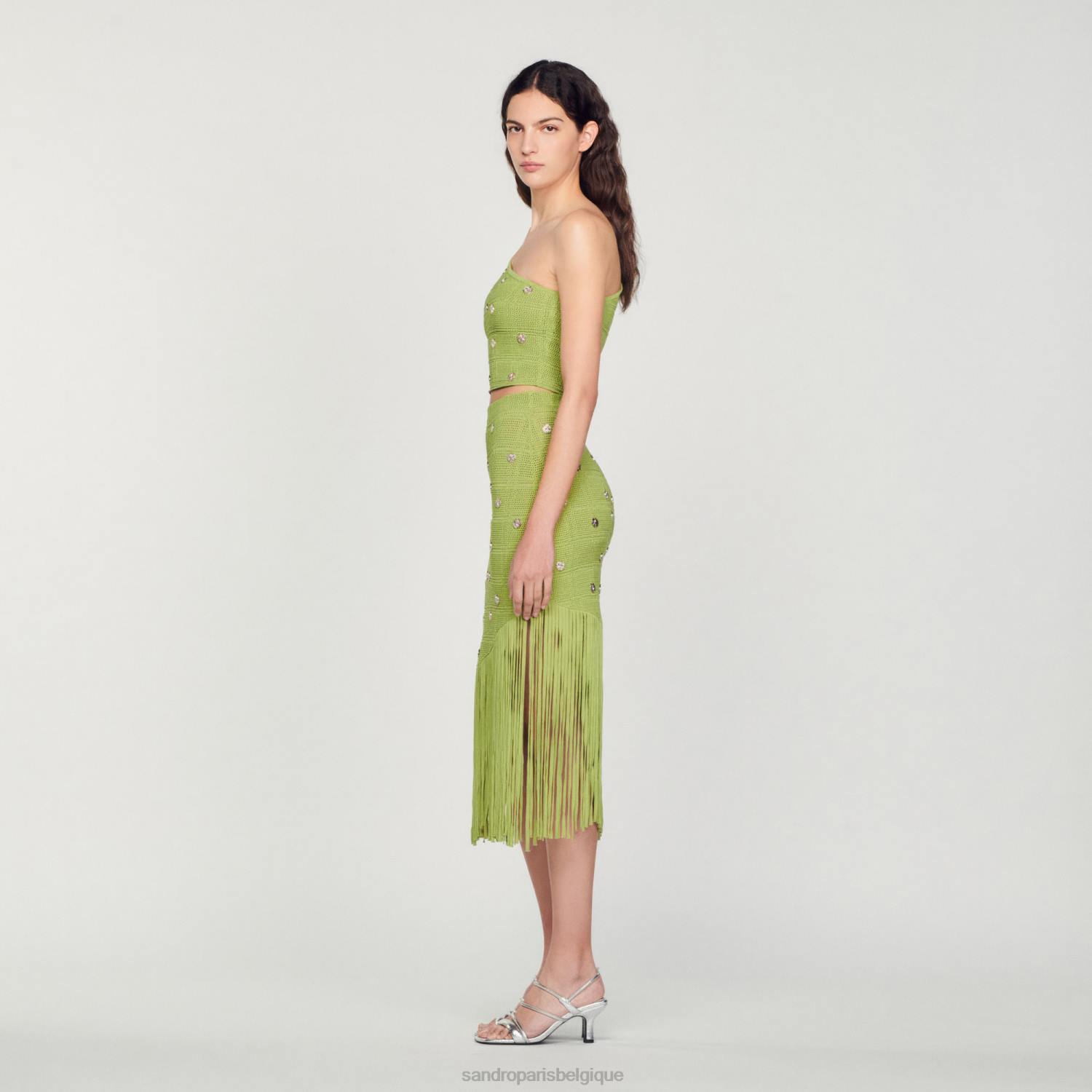 vêtements Sandro Paris jupe en maille à franges olive verte femmes XLXD133
