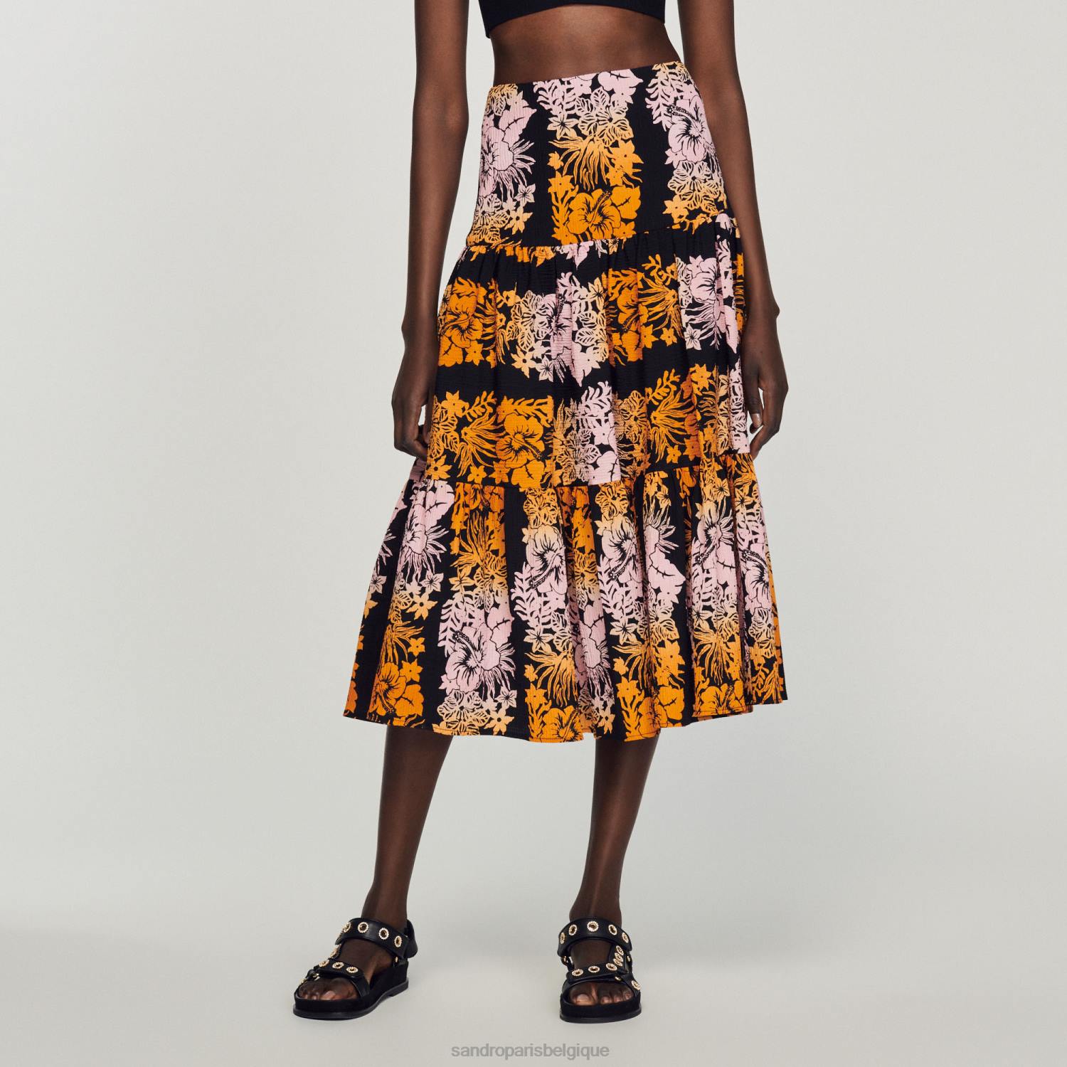 vêtements Sandro Paris jupe longue imprimée noir femmes XLXD302