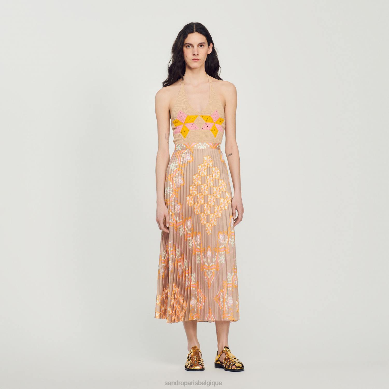 vêtements Sandro Paris jupe longue imprimée à plis beige femmes XLXD262
