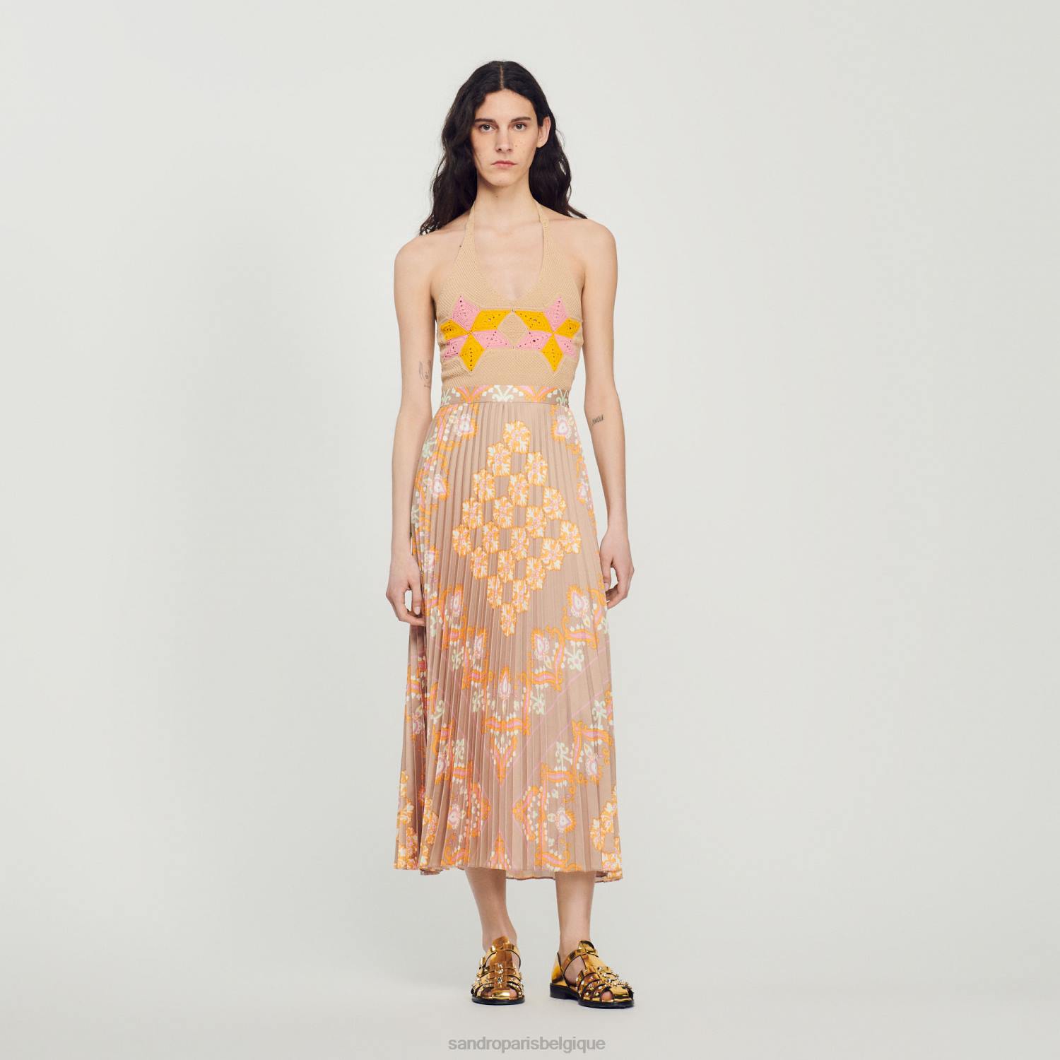 vêtements Sandro Paris jupe longue imprimée à plis beige femmes XLXD262