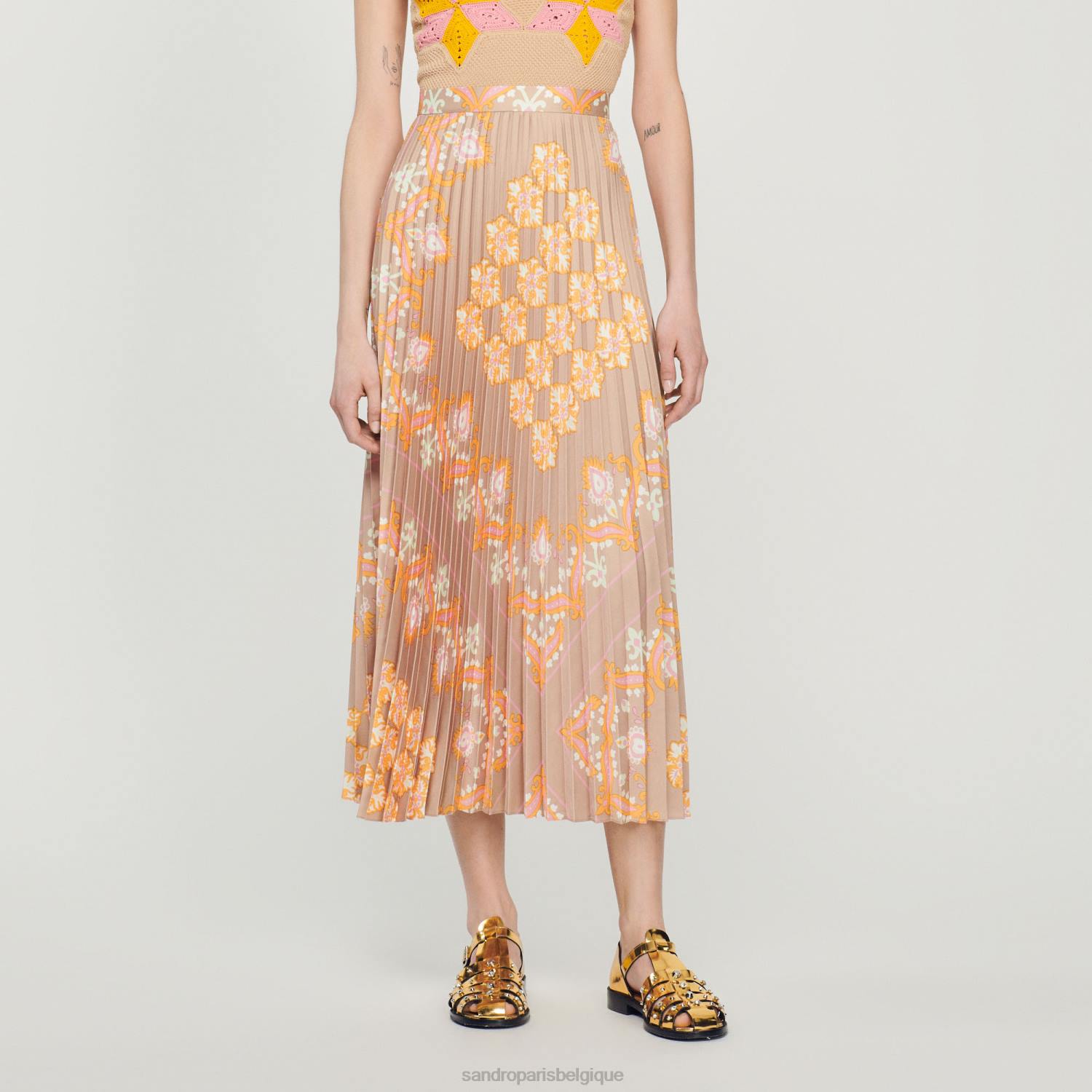 vêtements Sandro Paris jupe longue imprimée à plis beige femmes XLXD262