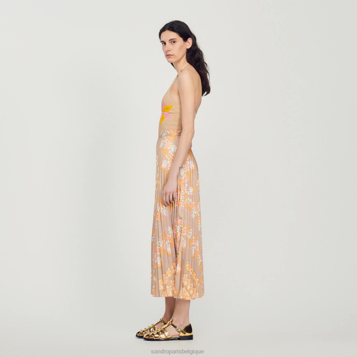 vêtements Sandro Paris jupe longue imprimée à plis beige femmes XLXD262